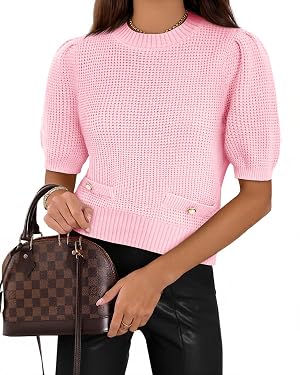 Cicy Bell Womens Puff Short Sleeve Sweaters Tops Cropped Ribbed Knit Lightweight Pullover Casual Loose Fit Crewneck Sweater