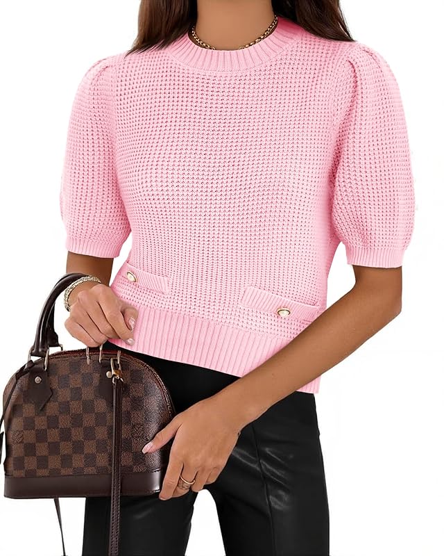 Cicy Bell Womens Puff Short Sleeve Sweaters Tops Cropped Ribbed Knit Lightweight Pullover Casual Loose Fit Crewneck Sweater