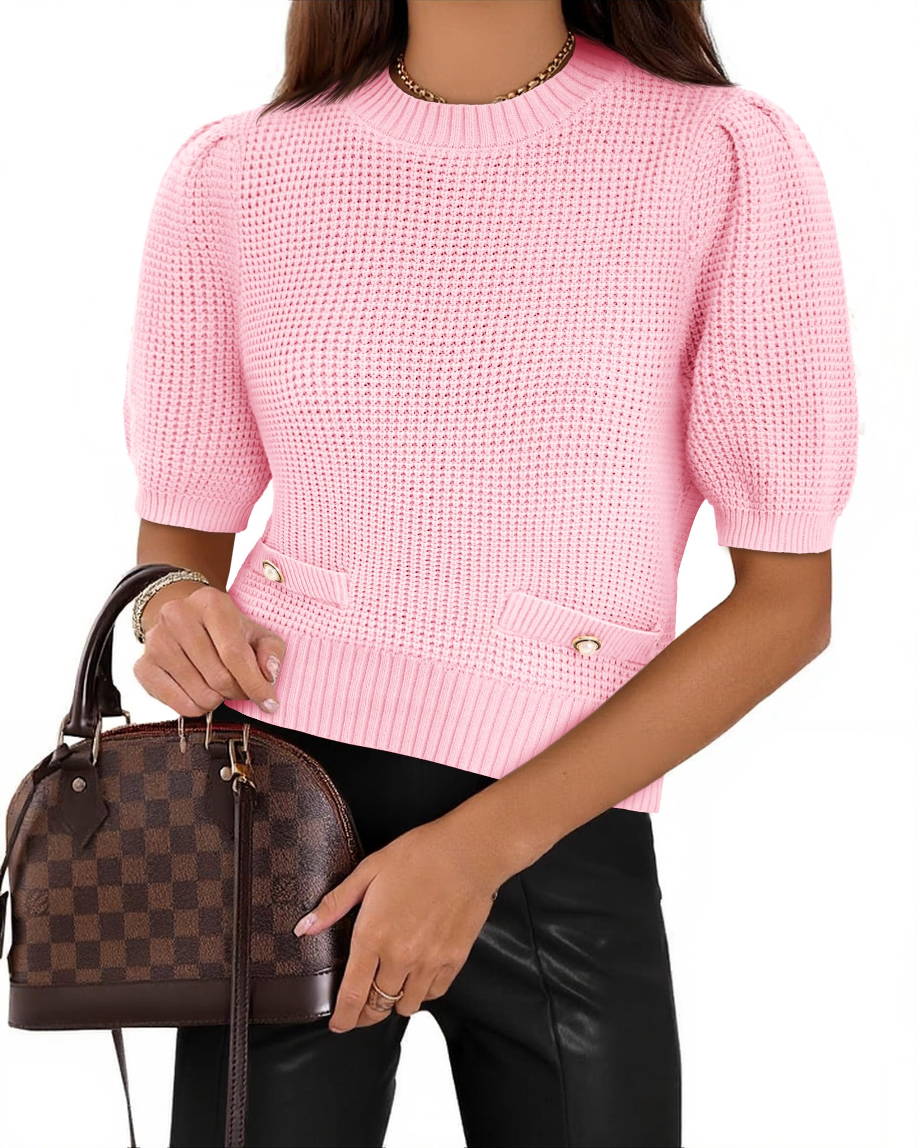 Cicy Bell Womens Puff Short Sleeve Sweaters Tops Cropped Ribbed Knit Lightweight Pullover Casual Loose Fit Crewneck Sweater