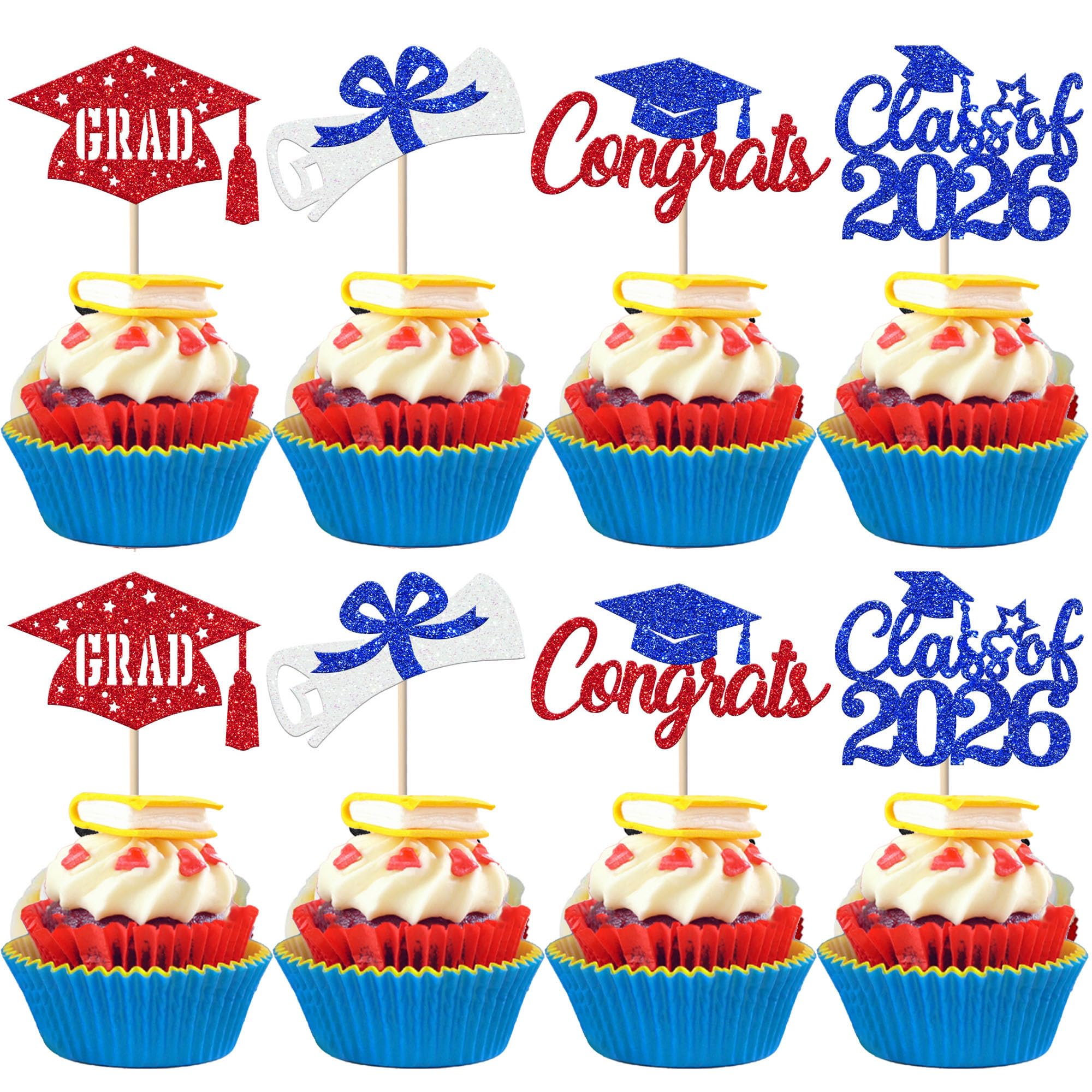 SYKYCTCY 24 Pack 2026 graduation Cupcake Toppers Glitter Diploma Congrats Grad Cap Done Cupcake Picks Class of 2026 Cake Decorations for 2026 Graduation Theme Party Supplies Blue Red โ image 1