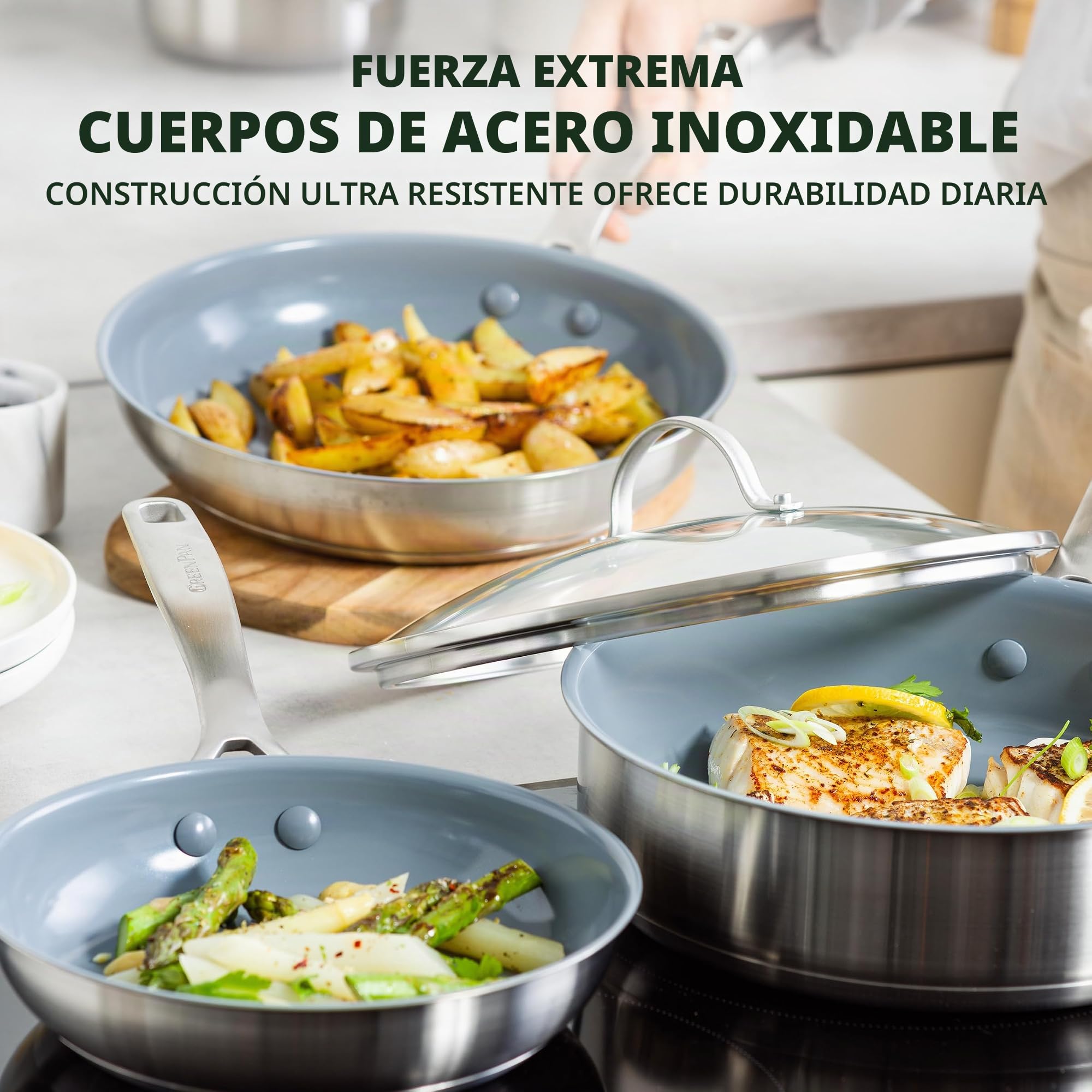 GreenPan Treviso Juego de 10 Ollas y Sartenes de Acero Inoxidable con Revestimiento de Cerámica Antiadherente, Incluye Sartén Cacerola y Ollas, Sin PFAS, Apto para Inducción, Horno y Lavavajillas,Gris