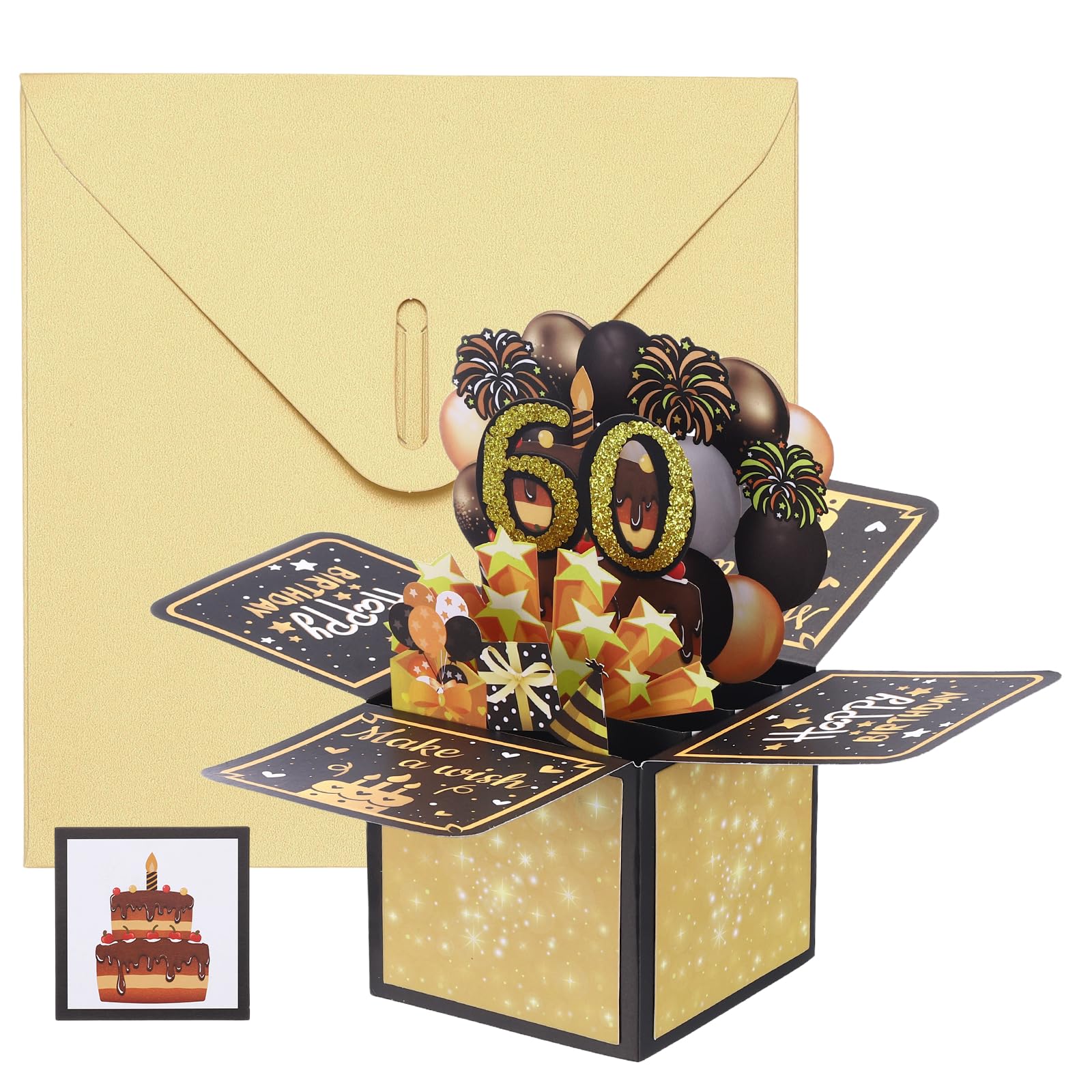 YOKIVE 1 Pcs 3D Birthday Card, 60th Fold Out Birthday Card with Envelope and Small Card for Birthday Party Anniversary Celebration Surprise Greeting Gift, Black Gold Tone