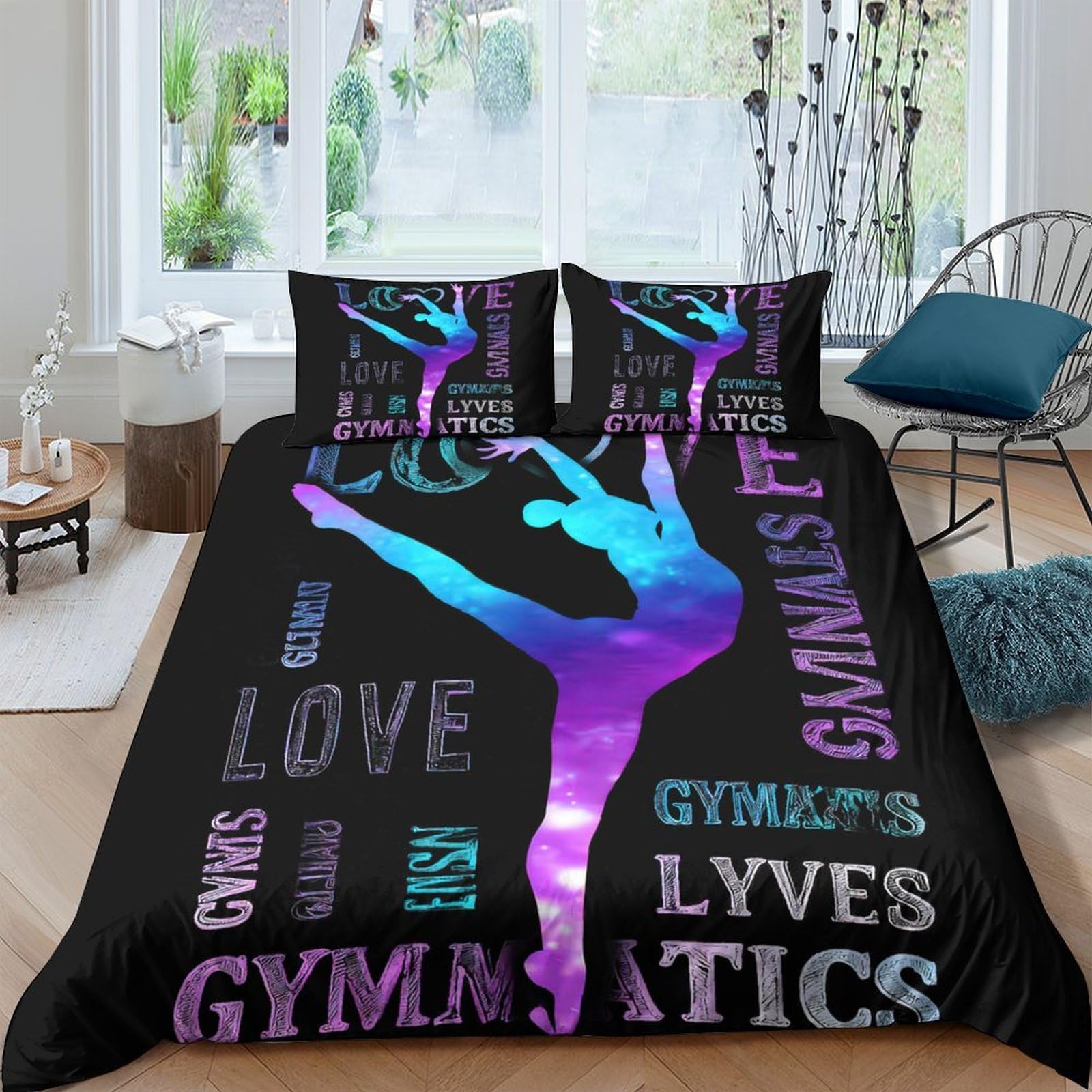 Ctjqhvkz Style-5 3D Printed Gymnastics Silhouette Fitted Sheet Microfiber Soft Purple Blue Bed Cover For Bedroom Guest Room Decor Single（135X200cm）