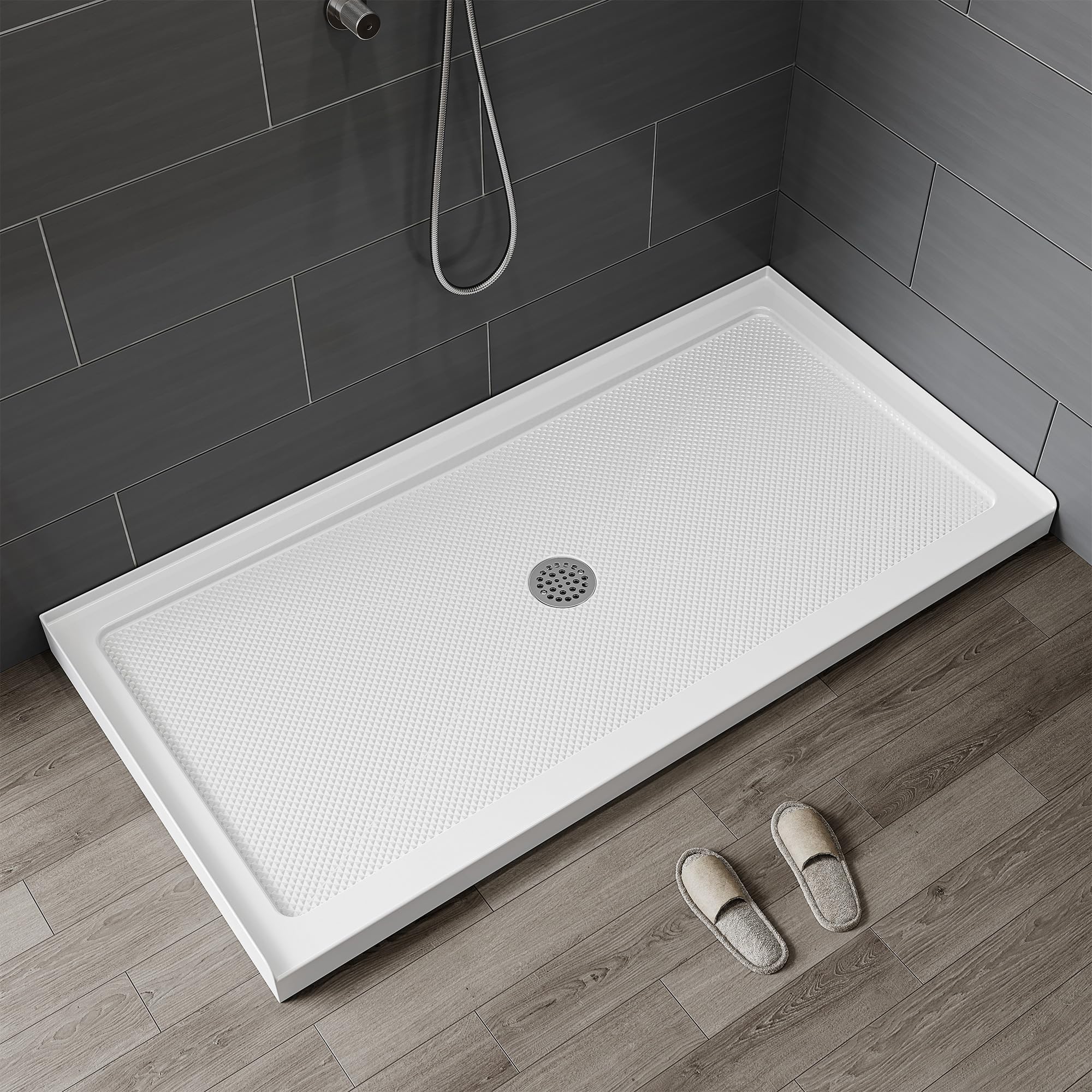 HOROW 60" x 30" Shower Base, Center Drain Shower Pan, Low Profile Acrylic Base with Reinforced Fiberglass, Non-Slip Surface, Stainless Steel Drain Cover, Leak-Resistant for Bathroom
