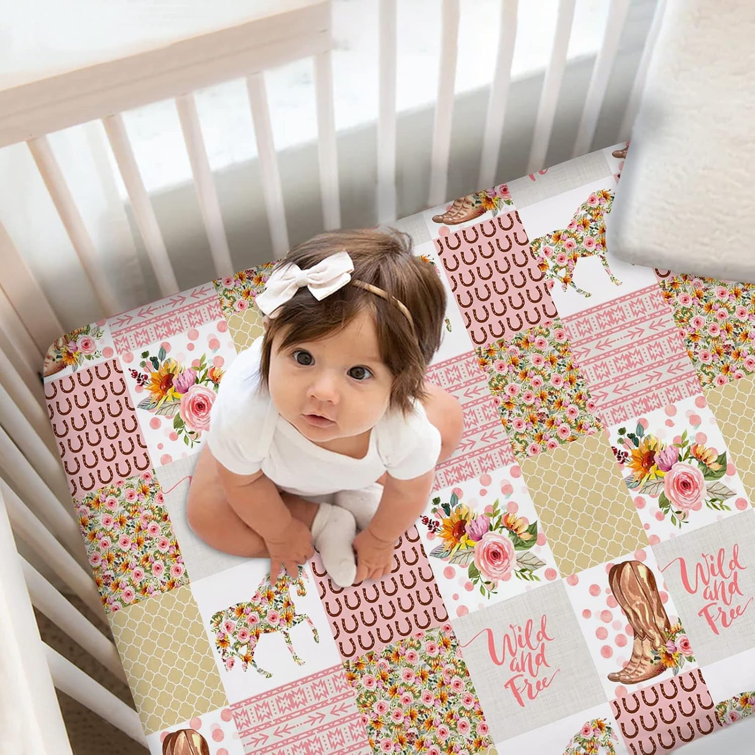 Personalized Floral Horse Baby Girl Crib Bedding Set, Custom Name Comforter, 2 Piece Set with Fitted Sheets