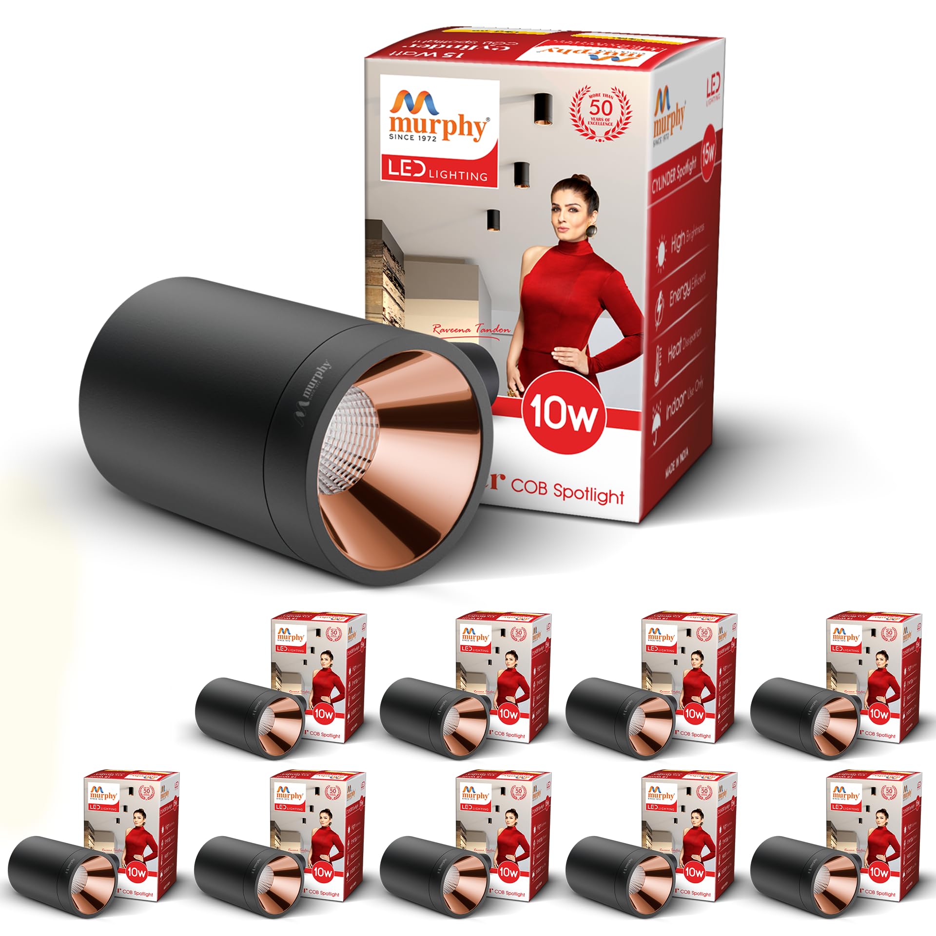 Murphy 10W Black Body Cylindrical Surface Mounted Spot Light Down Light (Warm White, Pack of 10)(Aluminium)