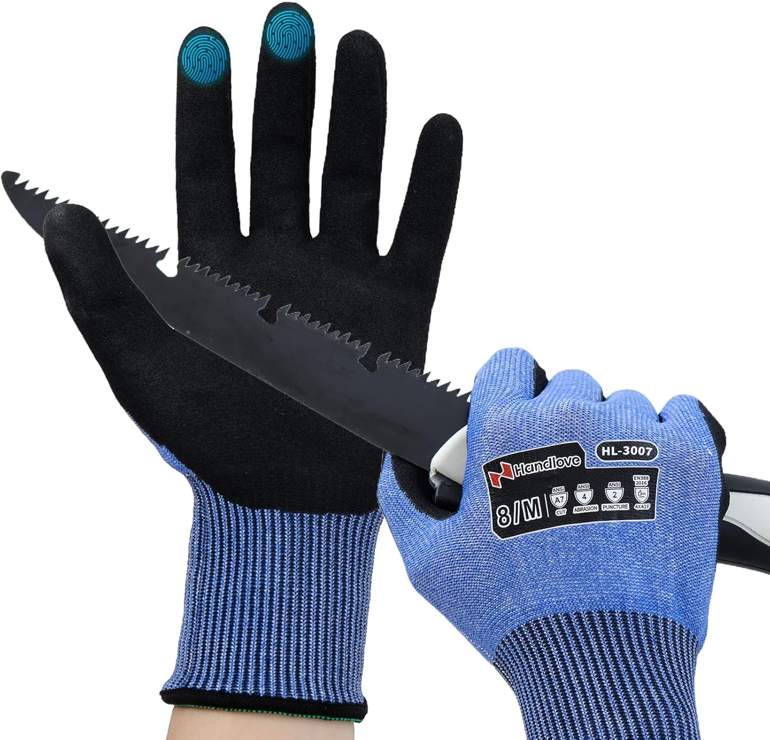 HandLove Cut Resistant Gloves – ANSI A7 Cut Proof Safety Work Gloves | Sandy Nitrile Anti-Slip, Touchscreen, Durable, PFAS Free | Wood Carving, Gardening, Glass Cutting, Car Repair – Blue, 6Pairs, L