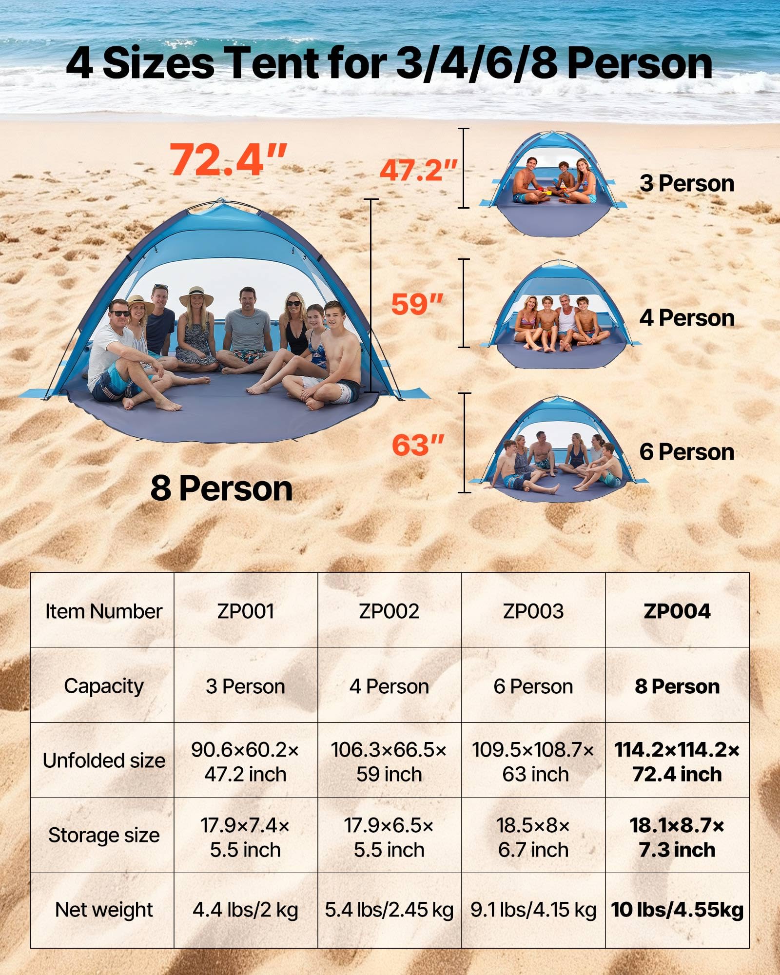 VEVOR Tente de Plage 8 Personnes Anti-UV UPF 50+ Abri Soleil Portable avec Sac de Transport
