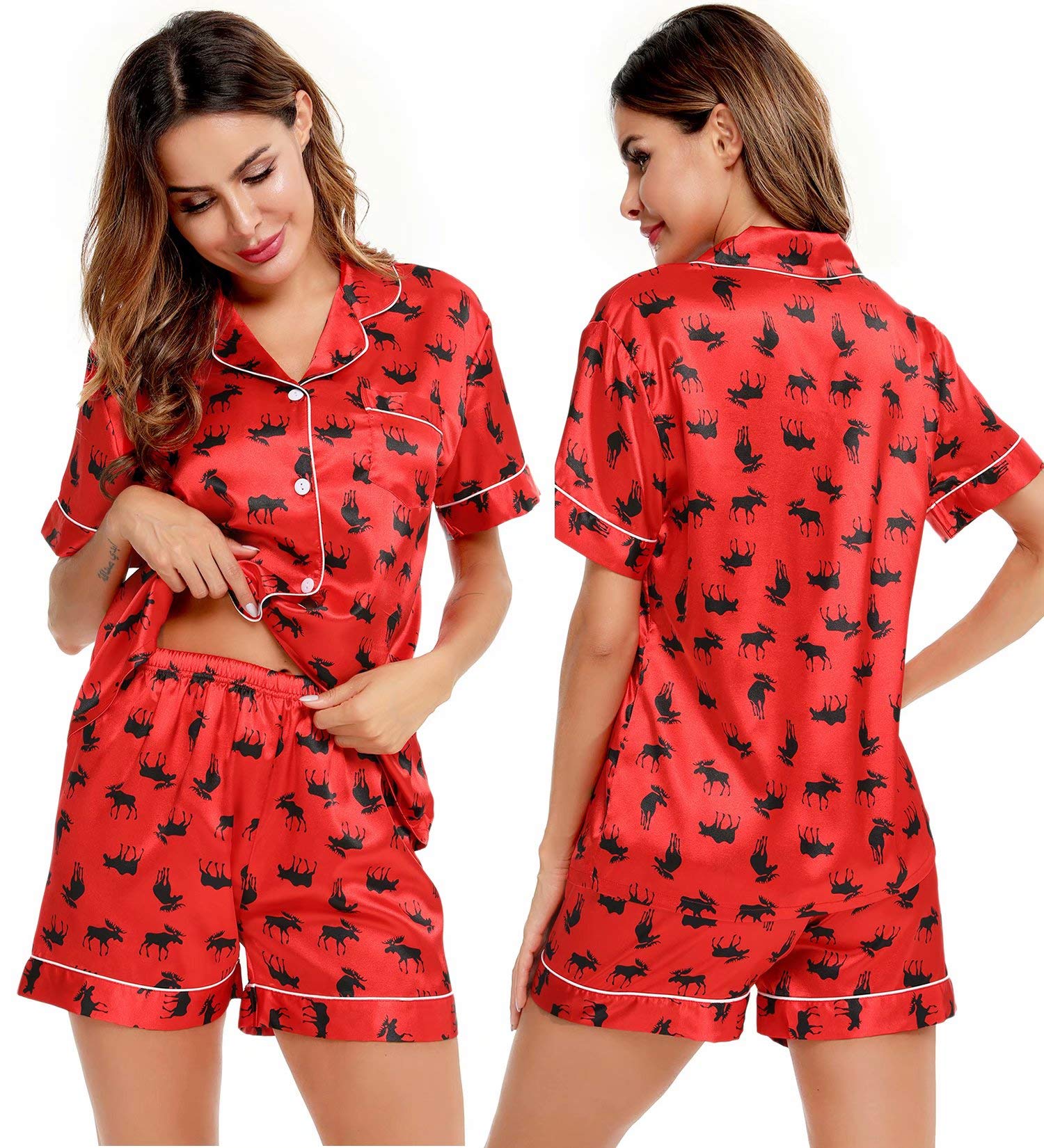 SWOMOGWomens Silk Satin Pajamas Set Short Sleeve Sleepwear Button Down Top and Shorts Loungewear 2 Piece Pjs Set XS-3XL