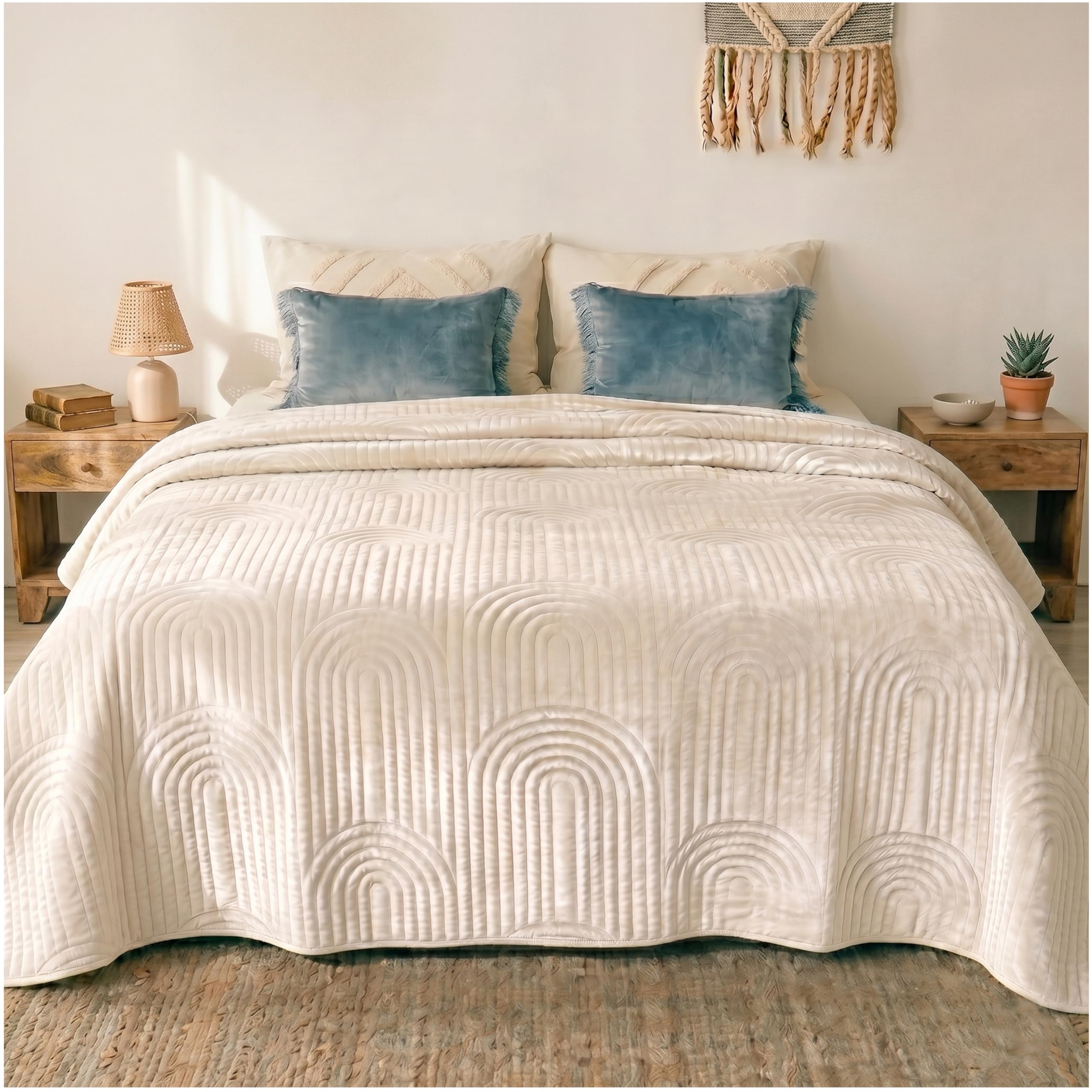 CalmyHOME Bedspread 240 x 260 cm Bed Throw Bedspreads - Boho Style Velvet Blanket Bed Throw Bedspread Sofa Throw Sofa Quilt Throw Blanket (Cream)