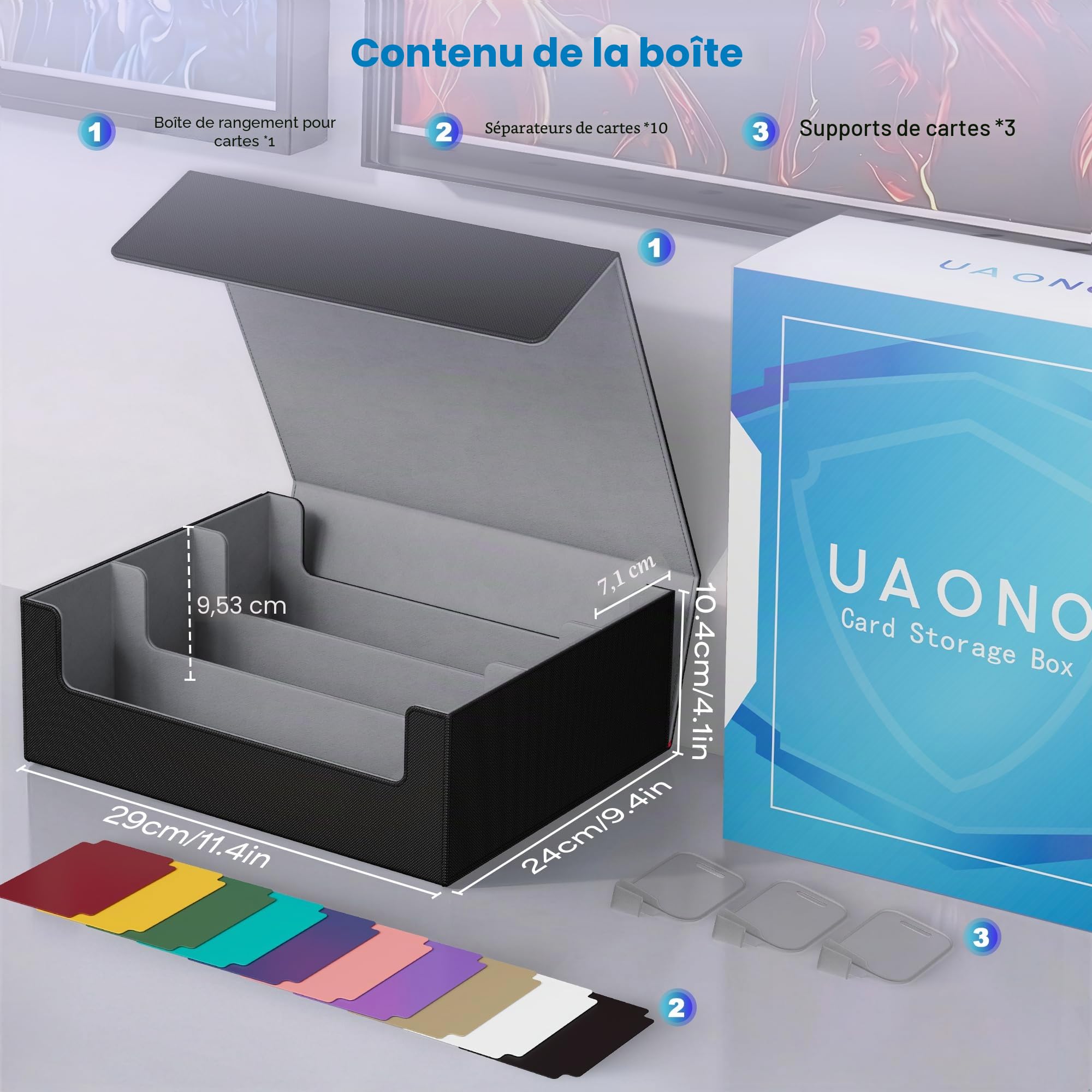 UAONO Coffret de rangement pour cartes | 1800 cartes protégées, fermeture magnétique cuir PU, 10 séparateurs & 3 butoirs pour MTG, PTCG, YGO, sports(Noir)