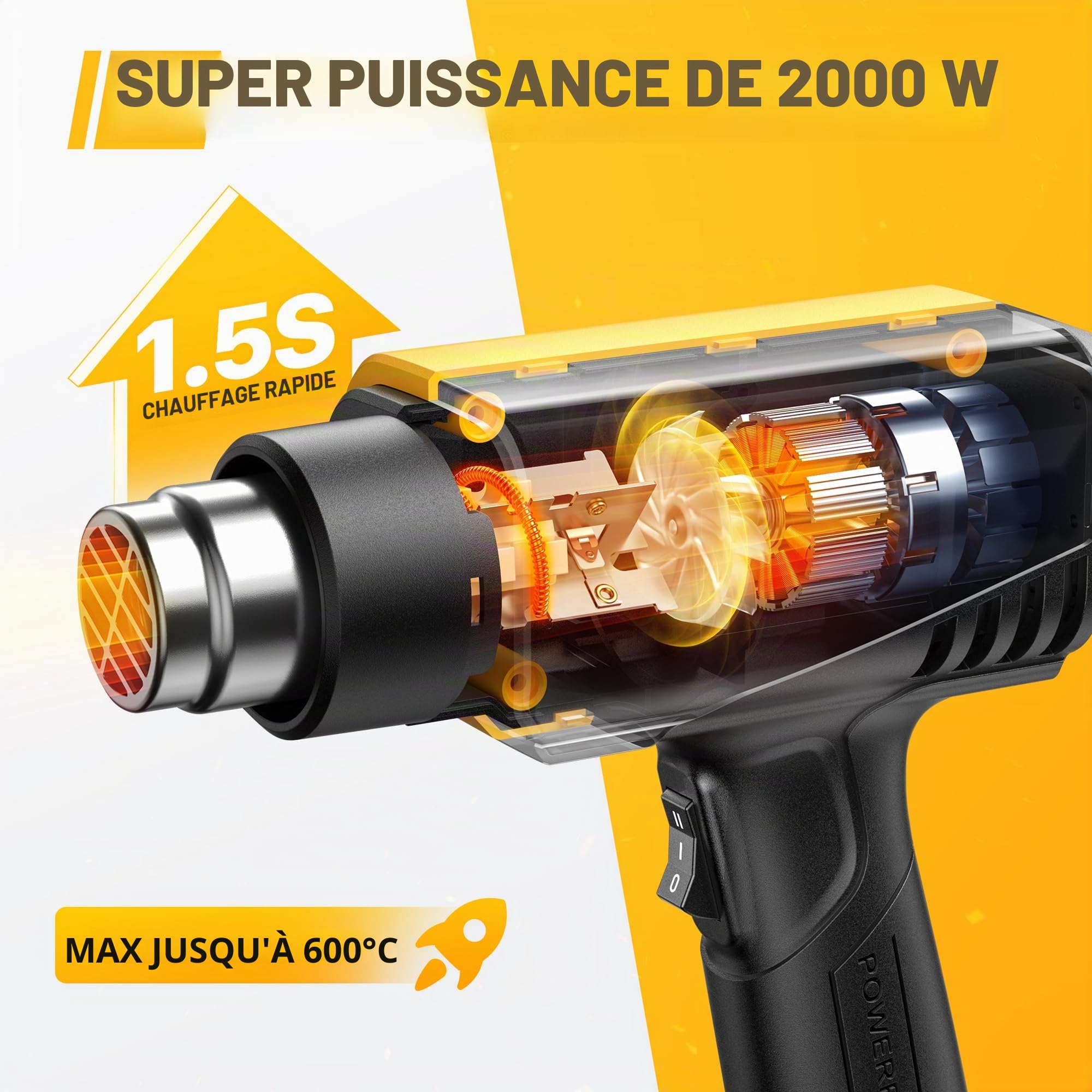 SEEKONE Decapeur Thermique 2000W Design Compact Pistolet à Air Chaud Robuste Contrôle de Température Variable 50-600℃ 1,5S Chauffage Rapide avec 4 Buses pour Travaux Manuels, Film Vinyle