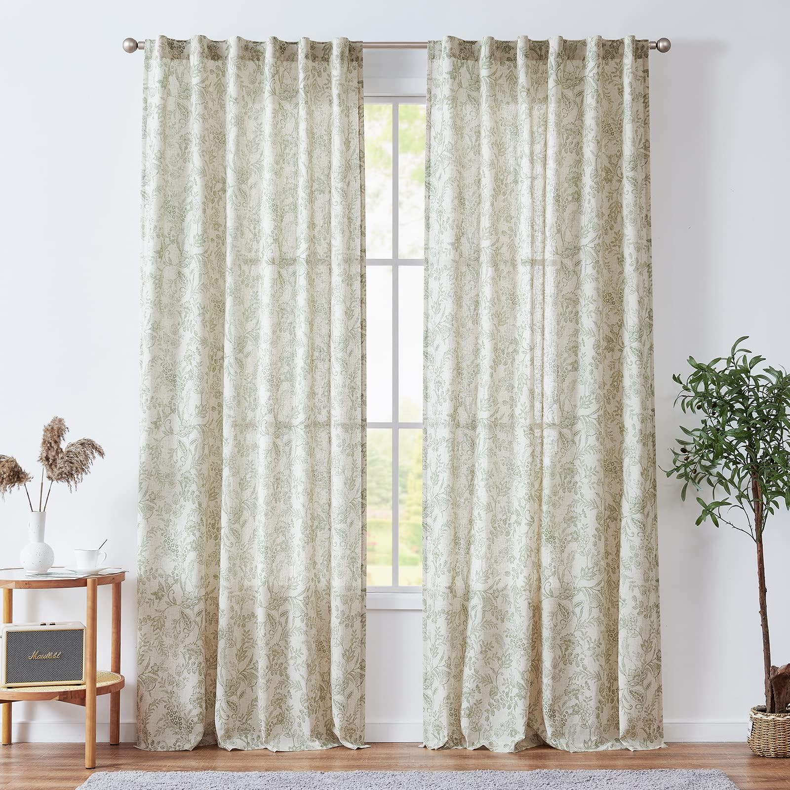 TOPICK Floral Gardinen Leinenoptik Vorhänge 2er Set Grün Beige H260xB140 | Lichtdurchlässig Gardinen Wohnzimmer boho landhausstil blickdicht Vorhänge Schlafzimmer Curtains Living Room fenstervorhang