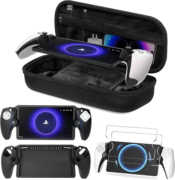 Foluck 3 in 1 Accessoris Set Compatible with Playstation Portal, EVA Carrying Case for PS5 Portal, Soft Silicone Protective Cover, 2 Pack Screen Protector, Accessories for Playstation Consoles, Black