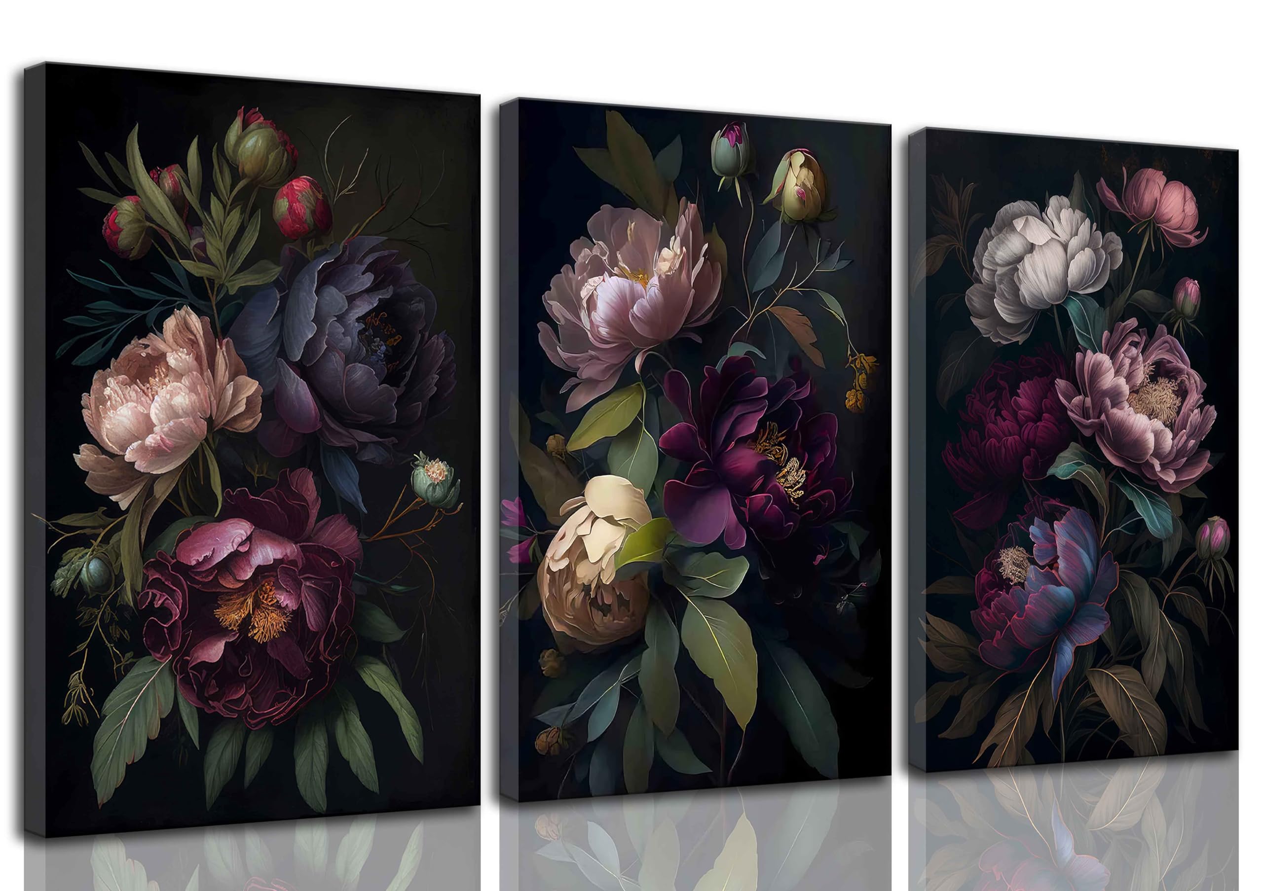 Amazon.com: 3 Pcs Moody Floral Canvas Wall Art Vintage Dark Peony ...