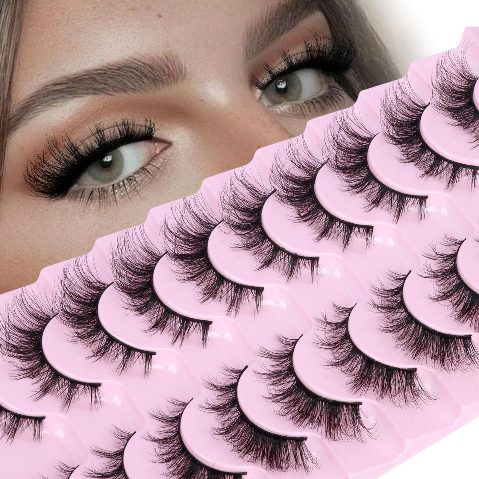 False Eyelashes Cat Eye Strip Lashes Volume False Lashes D-Curly Faux Mink Lashes Wispy Lash Extension Thin Band 3D Volume Eyelashes 10 Pairs Pack by zanlufly