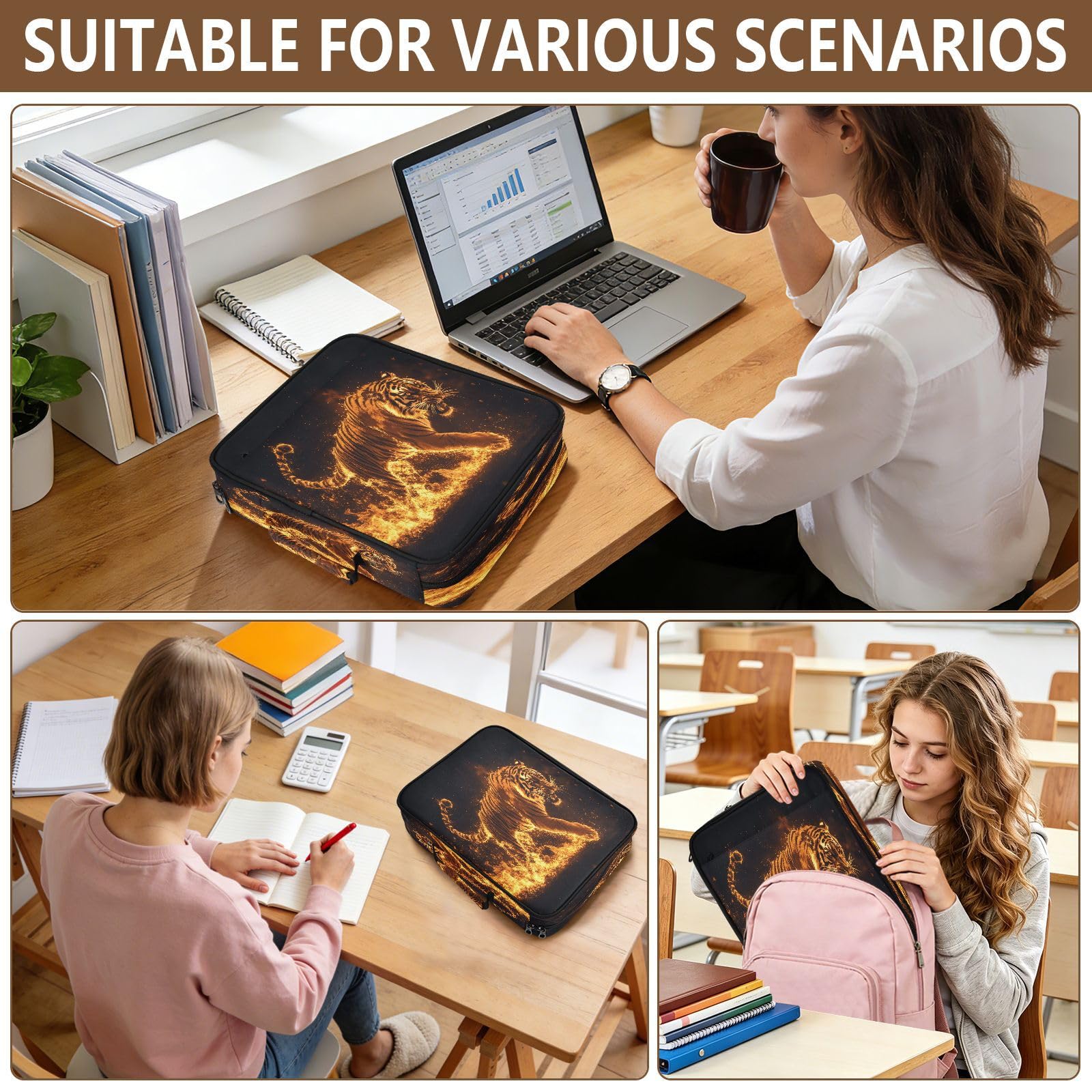 Fiery Tiger Flames - Raccoglitore espandibile a 3 anelli, con 7 tasche a fisarmonica, raccoglitore ad anelli per scuola, ufficio, viaggi
