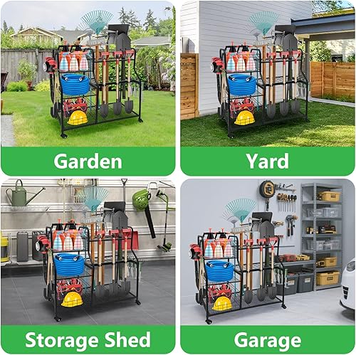 Miniatura 7 de Organizador de herramientas de jardín para garaje, organizador de herramientas de patio de 3 niveles y soporte de almacenamiento con ruedas, estante