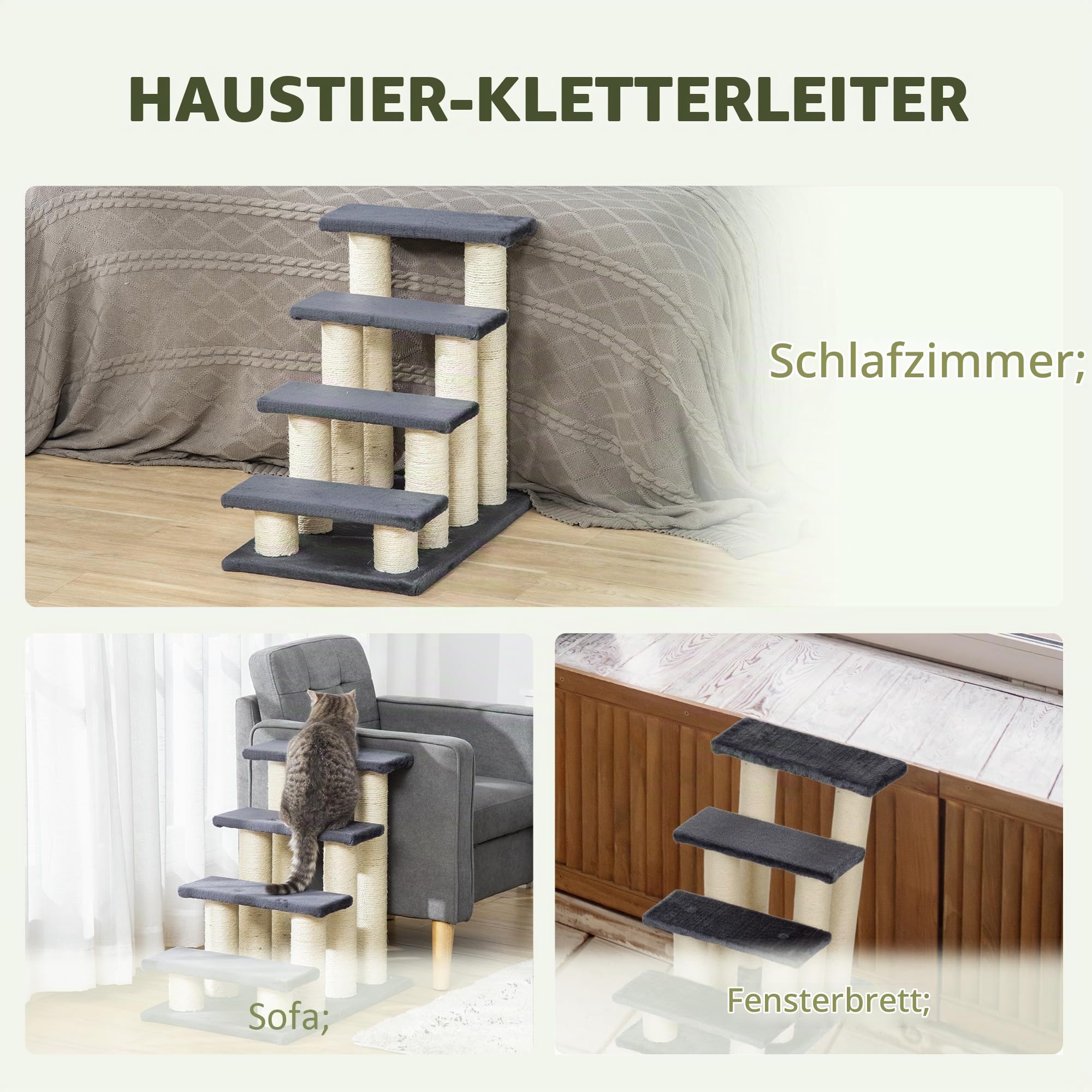 PawHut Tiertreppe Katzentreppe Hundetreppe 4 Stufen Treppe für Katze und Hunde Plüsch Grau 60 x 42 x 61 cm | Haustiertreppe, Hundetreppe, Hunderampe, Einstiegshilfe für Bett, Sofa, Couch