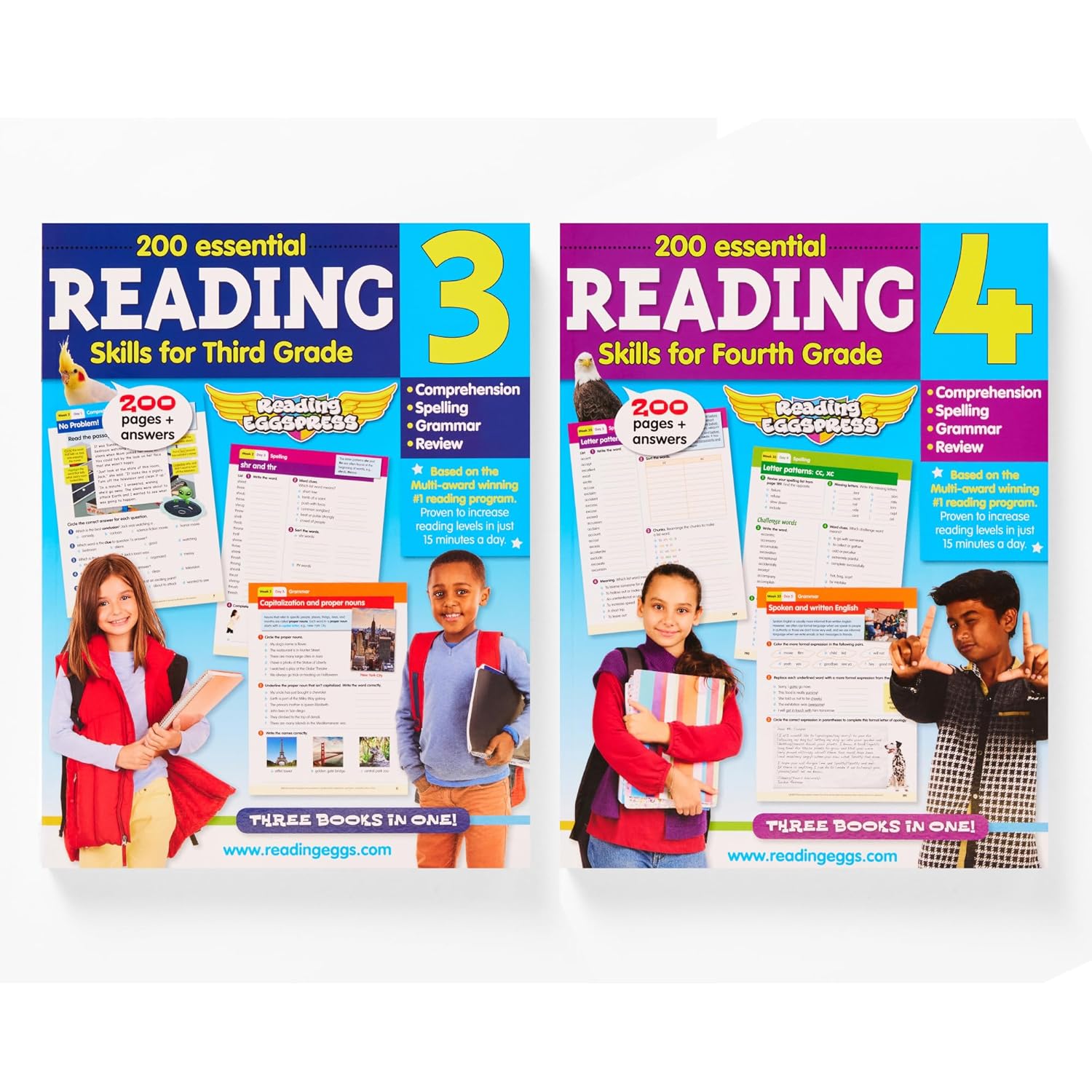 Grade 3 & Grade 4 Reading Workbook Bundle Ages 8–10 – 400+ Essential Lessons for Reading Comprehension, Grammar, Spelling & Vocabulary Development – Reading Eggspress Family Bundle      Product Bundle