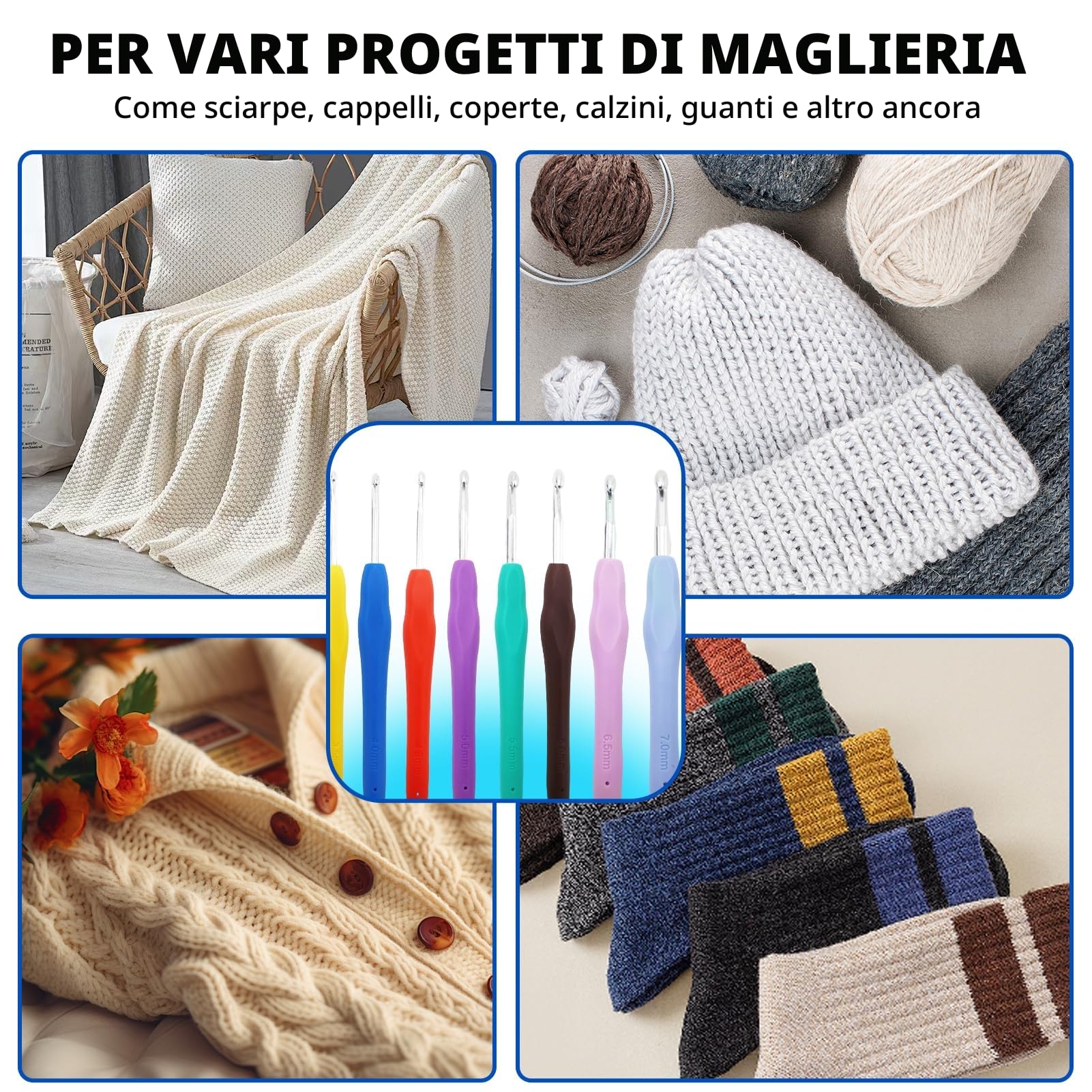 Set di 14 ganci per maglieria ergonomici in gomma a presa morbida, multicolore, alluminio, 2-10 mm