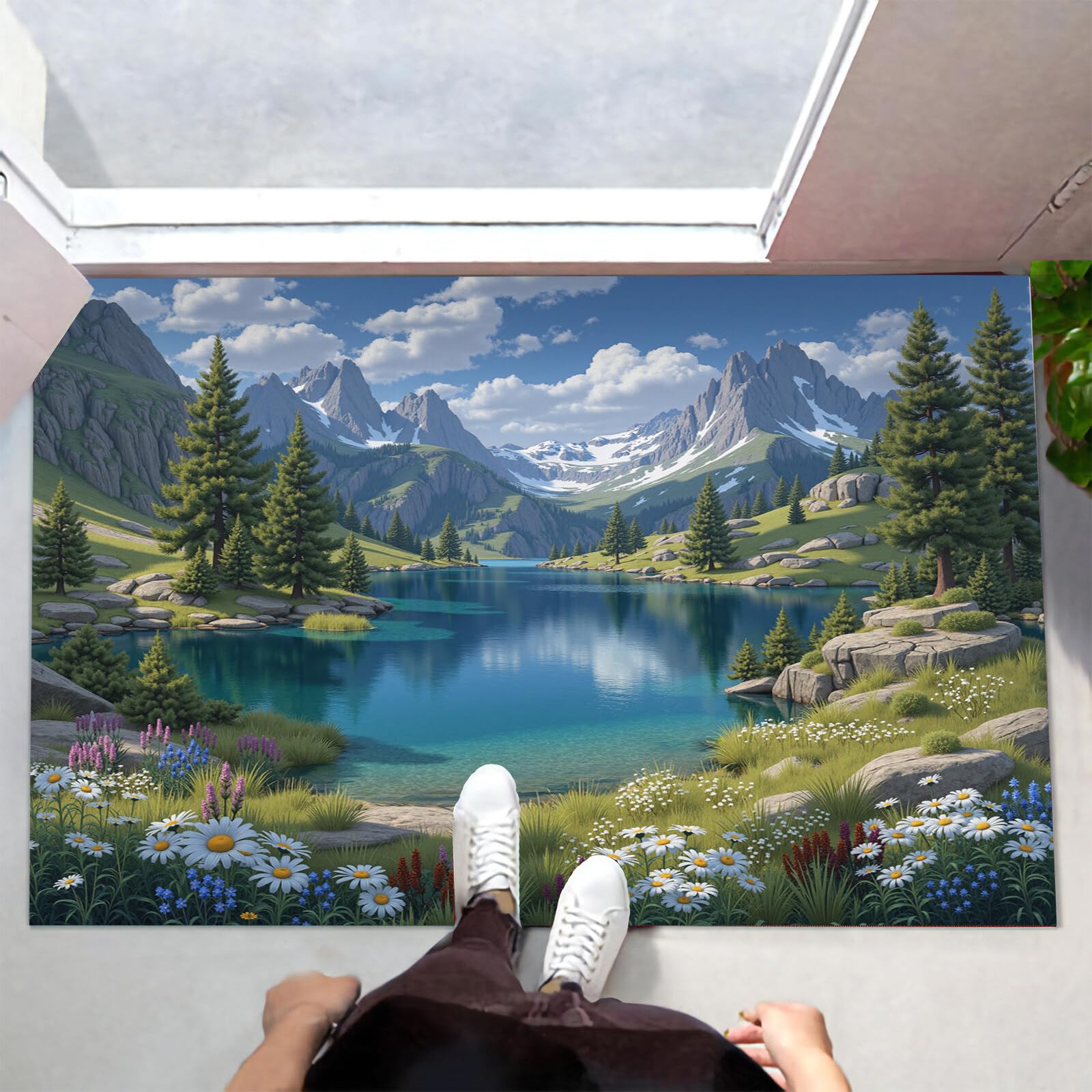 Tapete Verde Lagos De Montañas Cubiertas De Nieve Puerta Felpudo De Entrada Exterior Atrapar Suciedad Alfombra Ilustración De Paisaje Para Interior Jardines Cocina Pasillo Trasera Delantera, 90X150Cm