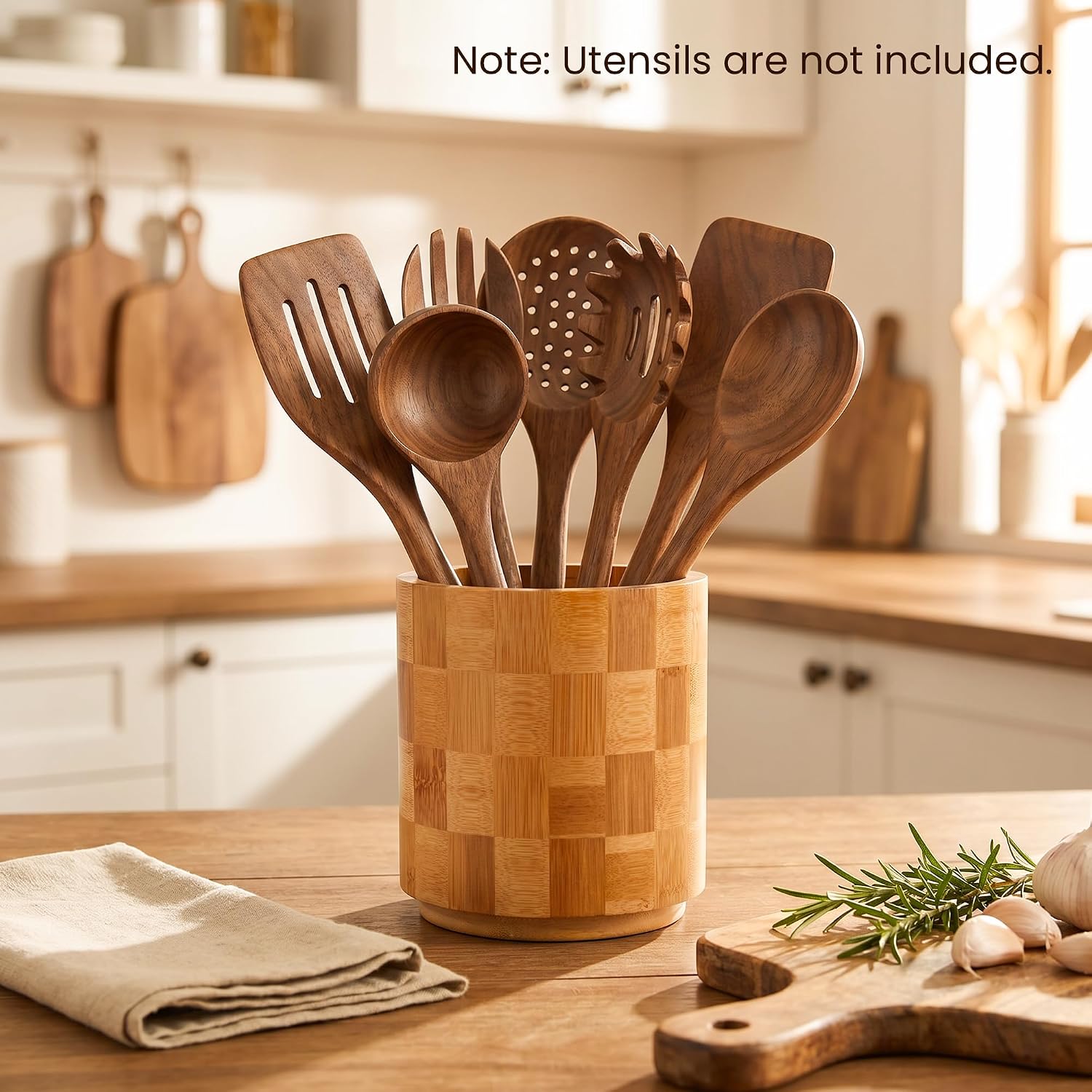 Metflavor 360° Rotating Checkered Bamboo Utensil Holder for Countertop