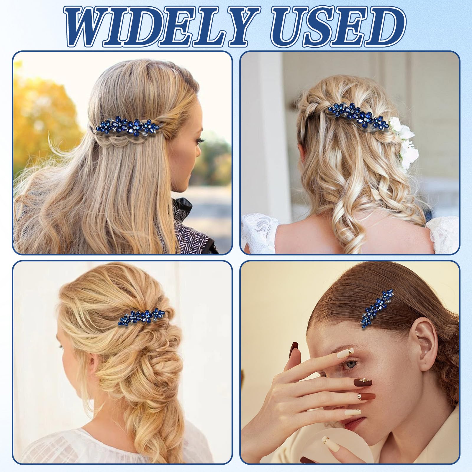 2 fermagli per capelli blu da donna, fermagli con strass e cristallo di alta qualità, accessori per capelli da donna con capelli sottili e spessi, presa sicura per varie acconciature