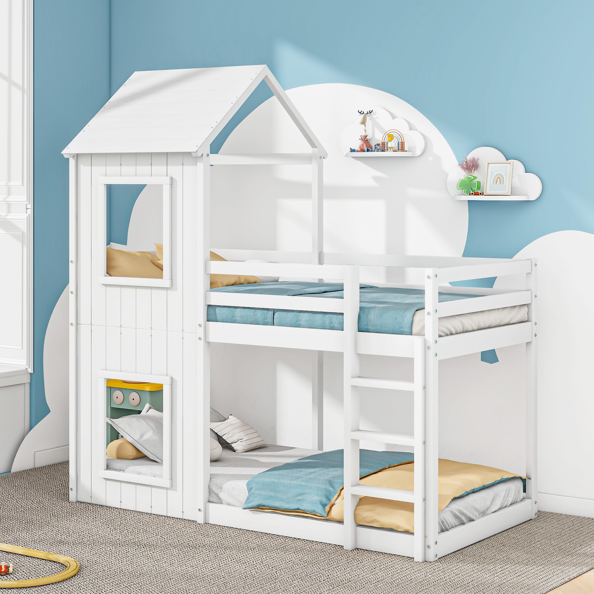 Litera 90x200cm, Cama Infantil, casita para niñas y niños, con Escalera y Dosel, del Suelo al Techo, Madera Maciza
