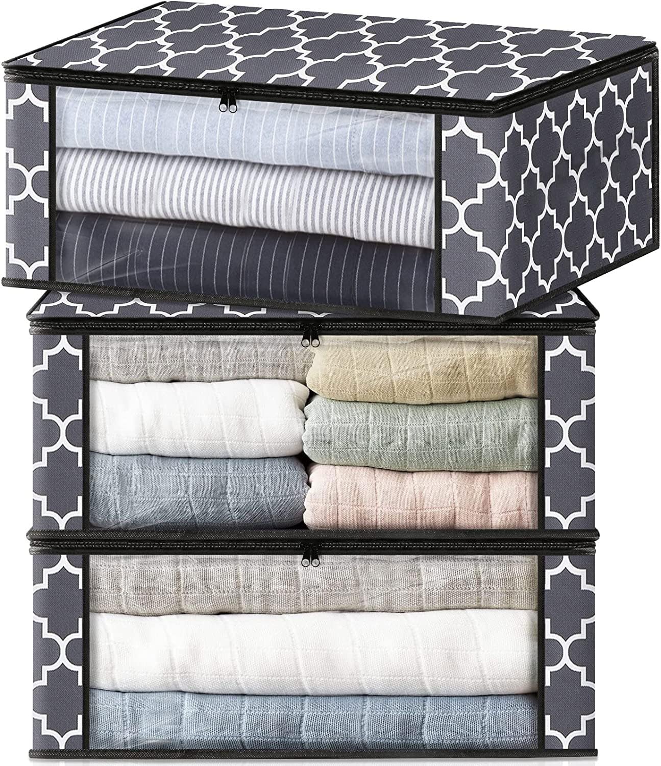 Non Woven Homs Mini 30L Foldable Clothes Storage Organizer Bags With Large Clear Window For Closet, Dorm, Pillows, Bedding, Clothes, Stuffed Toys, Blankets, Moroccan Grey-image-34