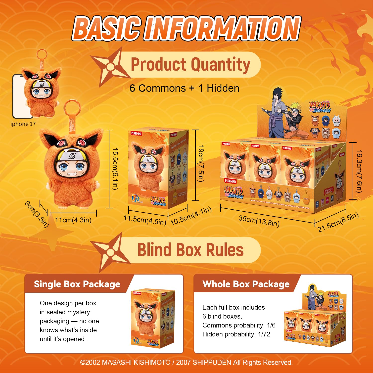 puremind Naruto Blind Box, 6 figure anime in peluche con licenza ufficiale | Altezza 15 cm, dettagli in vinile, elementi articolati, serie da collezione, portachiavi o ciondolo per borsa e zaino