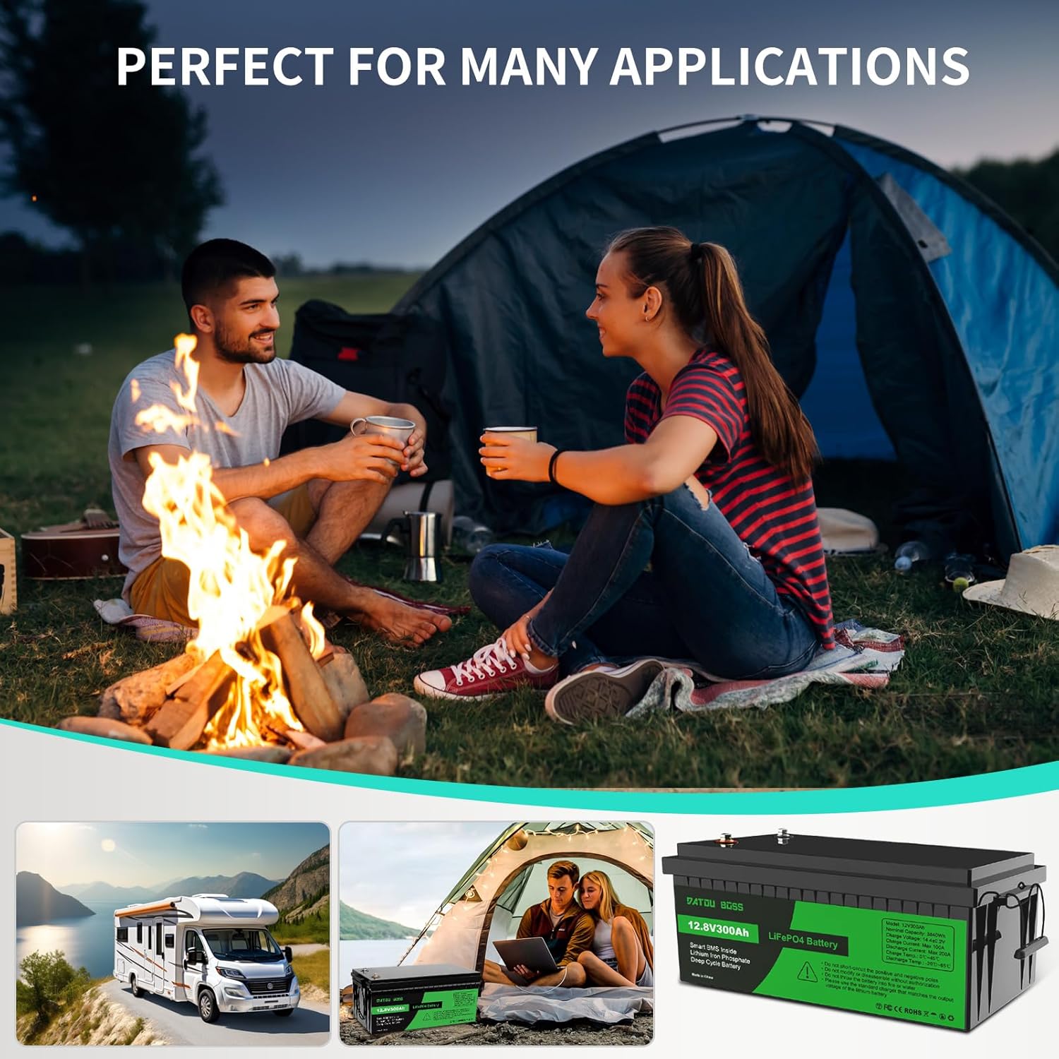 DATOUBOSS LiFePO4バッテリーがRV、ACで使用されている画像のコラージュampイングセットアップとトローリングモーター付きのボート。