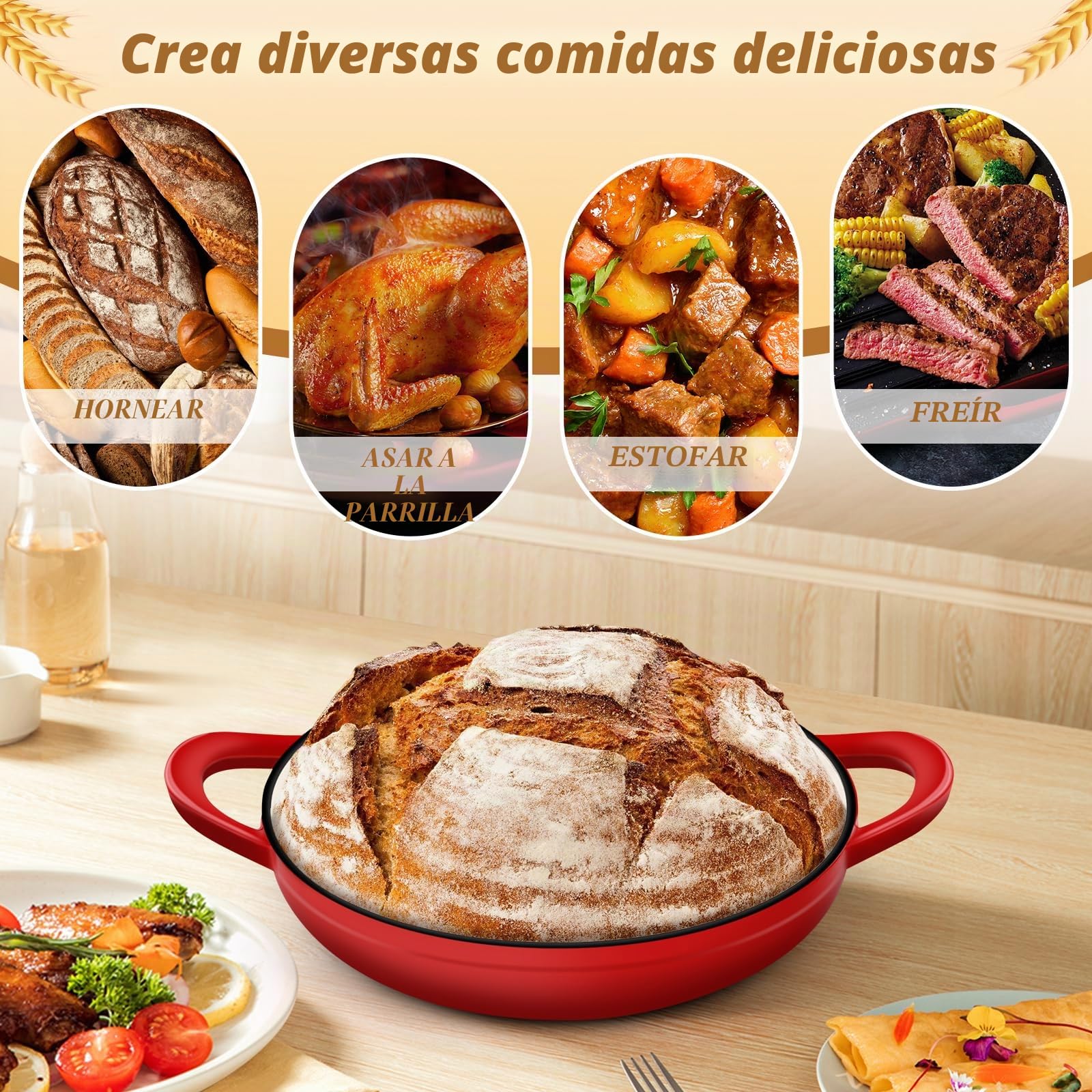 NZQXJXZ Olla de Hierro Fundido, 26cm Cacerola Holandesa de Esmaltado con Tapa, Olla Holandesa para Cocina Casera Hornear con Banetones para Pan