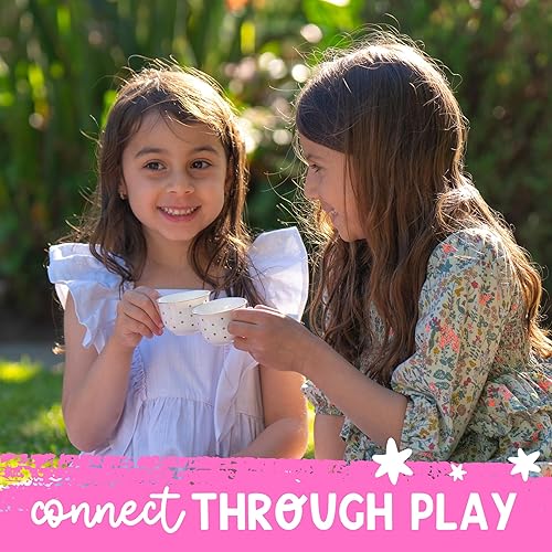 Miniatura 12 de Giggle & Honey Juego de té de porcelana para niñas, juego de fiesta de té de lunares de lavanda y oro para niños, completo juegos de té para niños