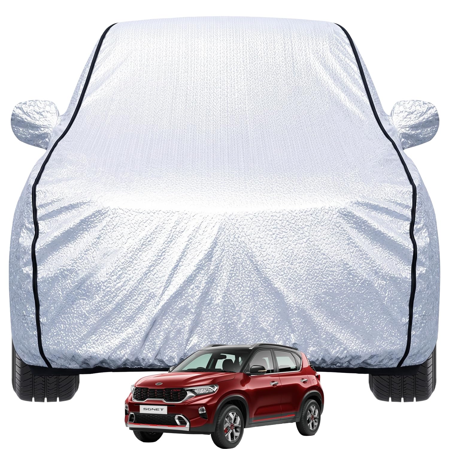 Pivalo Car Cover for Kia Sonet All Model & Years (2020-2026) 100% Waterproof with Mirror Pockets, Triple Stitched Bottom Elastic Dustproof Full Body Protection (Heat & UV Resistant, Silver)