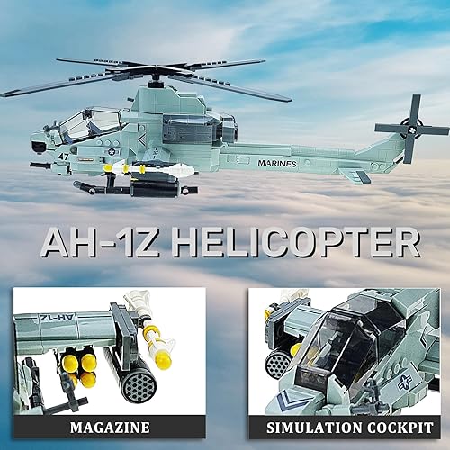 Miniatura 5 de Juegos de construcción de troncos para niños 8-12 597 piezas US AH-1Z helicóptero armado bloques de construcción juguetes para niños y adultos