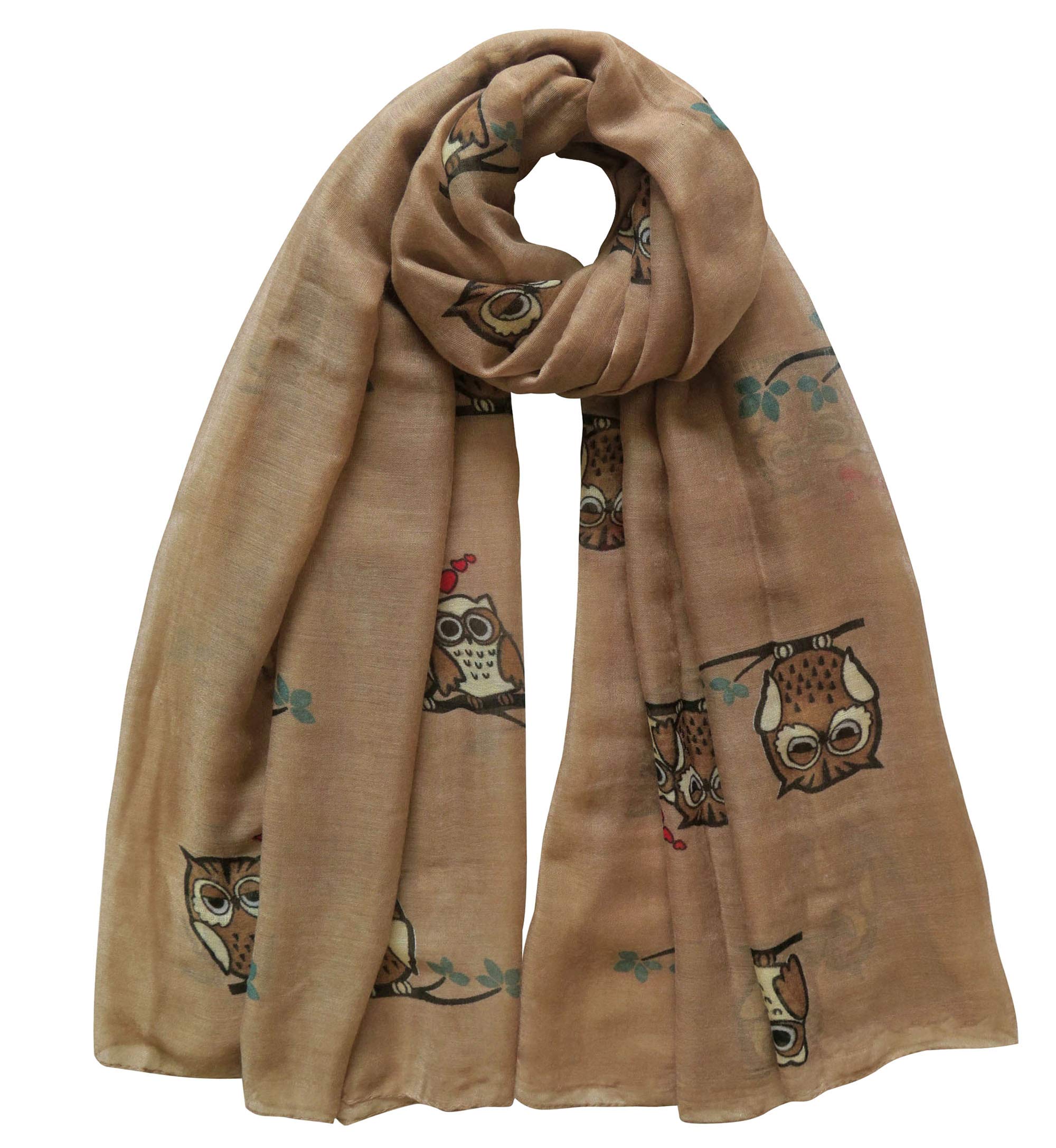Lina & Lily Owl Print Women's Large Scarf Shawl Wrap Lightweight (Light Brown)