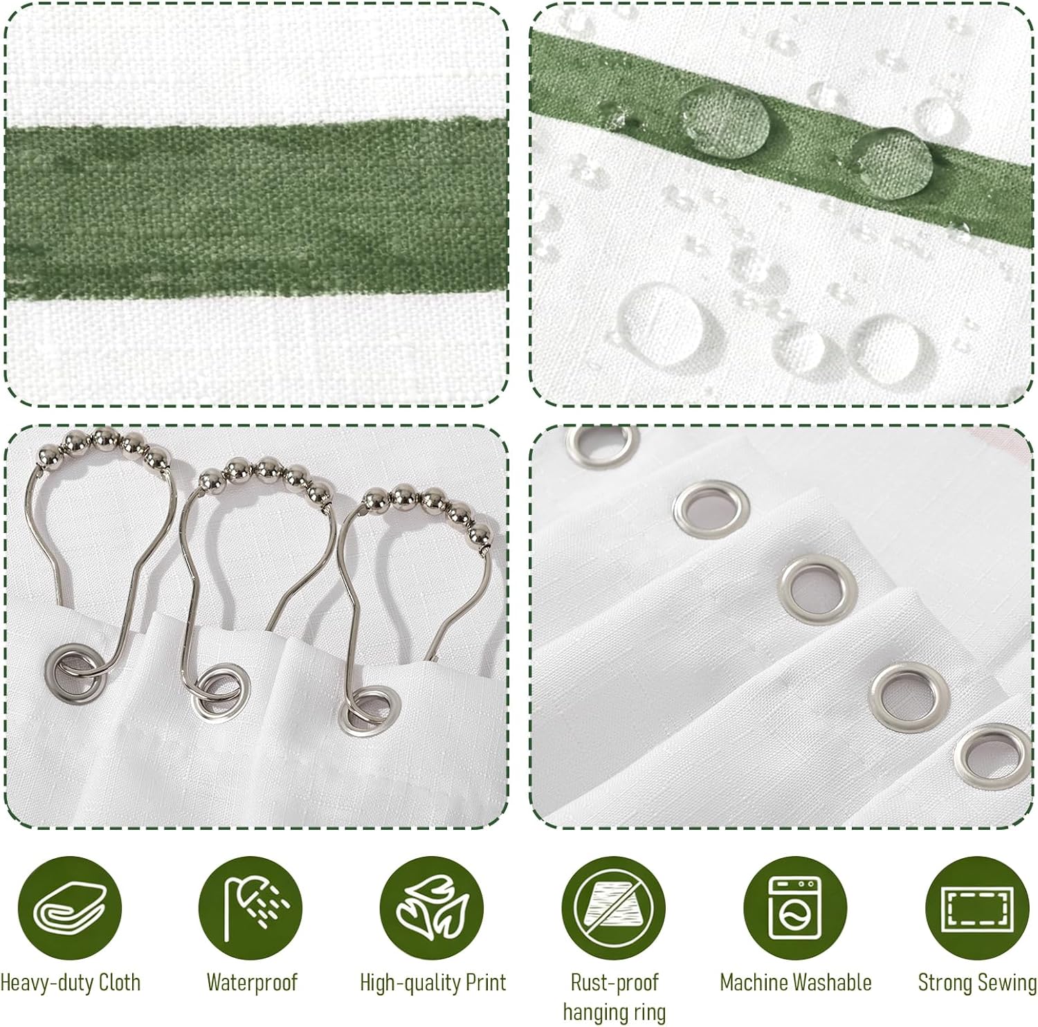 Sage Green and White Striped Shower Curtain Set with Hooks, Waterproof Polyester Fabric, Printed Hand-Drawn Stripe Design, Modern Farmhouse Bathroom Decor, 72" x 72"