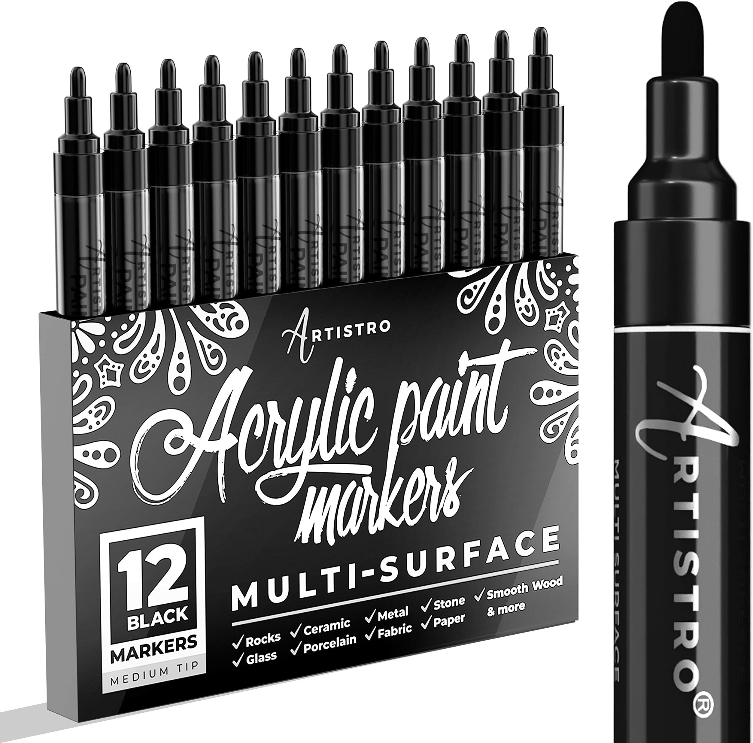 Paint Pens for Rock Painting, Stone, Ceramic, Glass, Wood, Tire, Fabric, Metal, Canvas. Set of 12 Markers for Acrylic Painting, Water-based, Medium Tip (Black)
