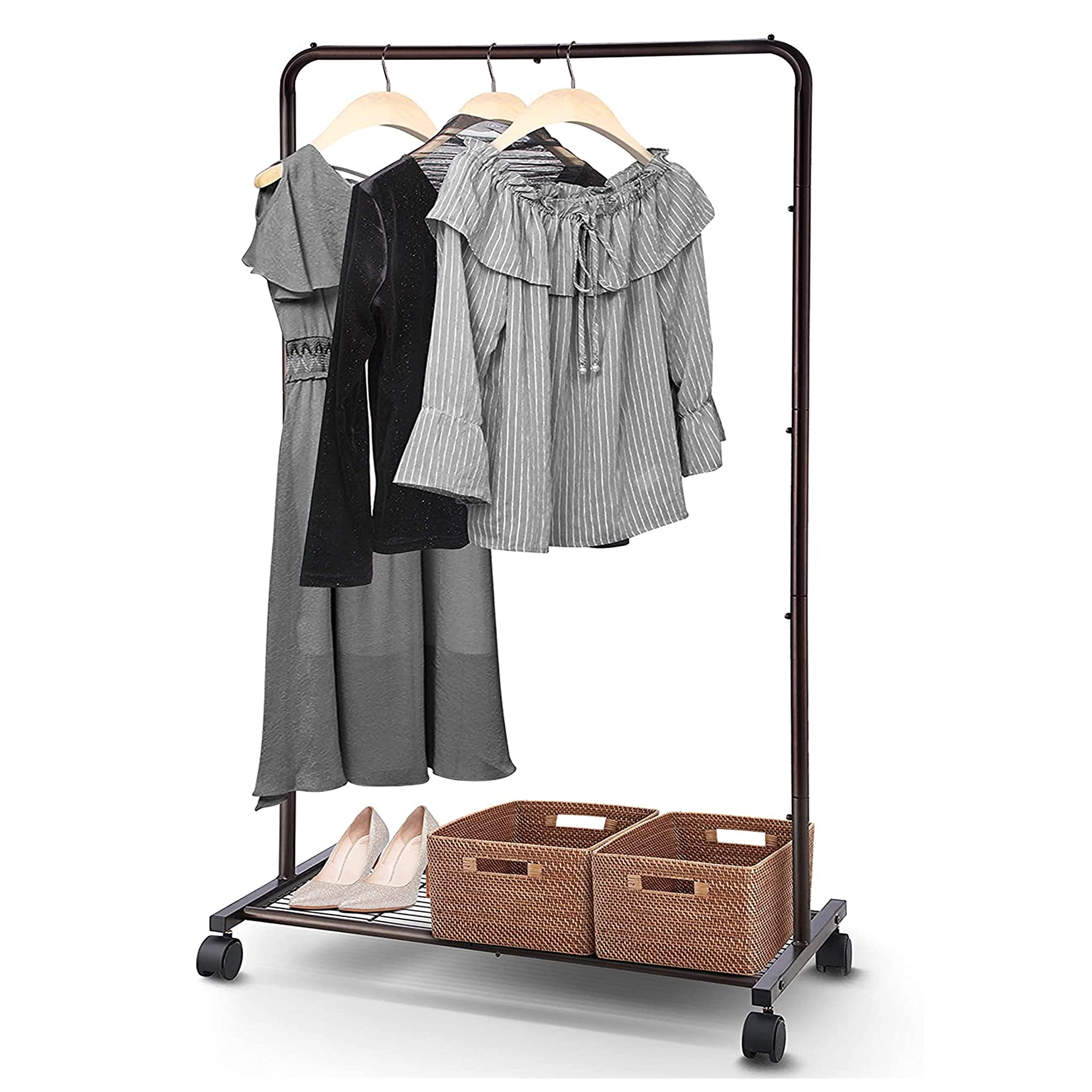 Simple Trending Standard Clothes Garment Rack, Clothing Rolling Rack with Mesh Storage Shelf on Wheels, Bronze