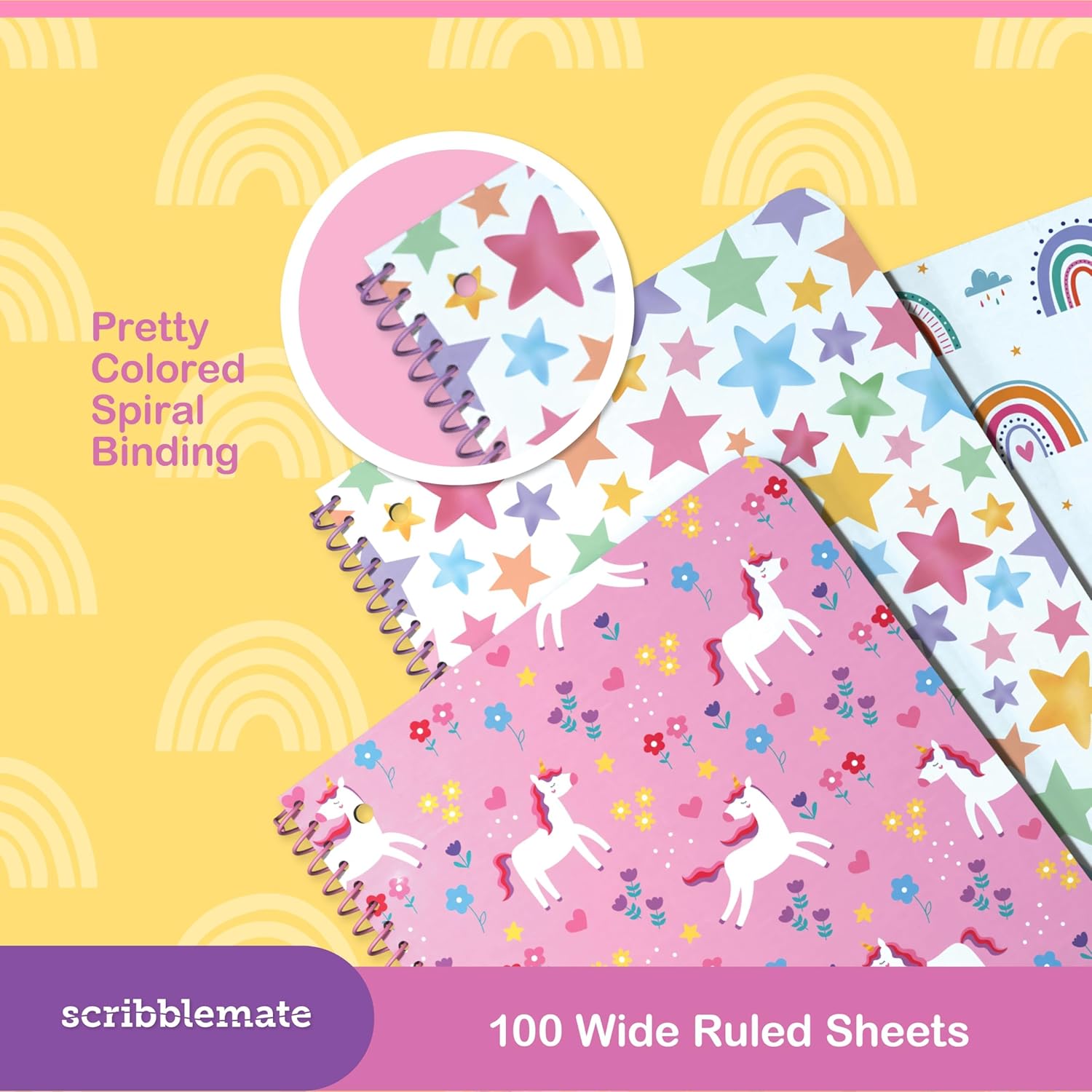 Wide Ruled Spiral Notebook, Adorable 1 Subject Notebooks for kids 100 Sheets/200 Pages, Perforated 3-Hole Punched Sheets with Interior Paper Pocket 8x10.5 Inch (12 Pack)