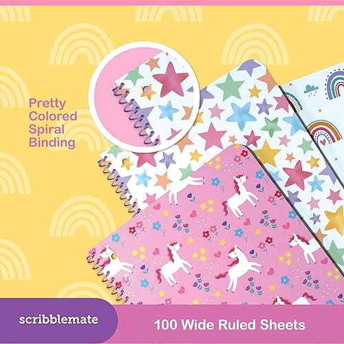Miniatura 2 de ScribbleMate Cuaderno de espiral de rayas anchas, juego de 3 adorables cuadernos de espiral de 1 materia con rayas anchas, 100 hojas perforadas
