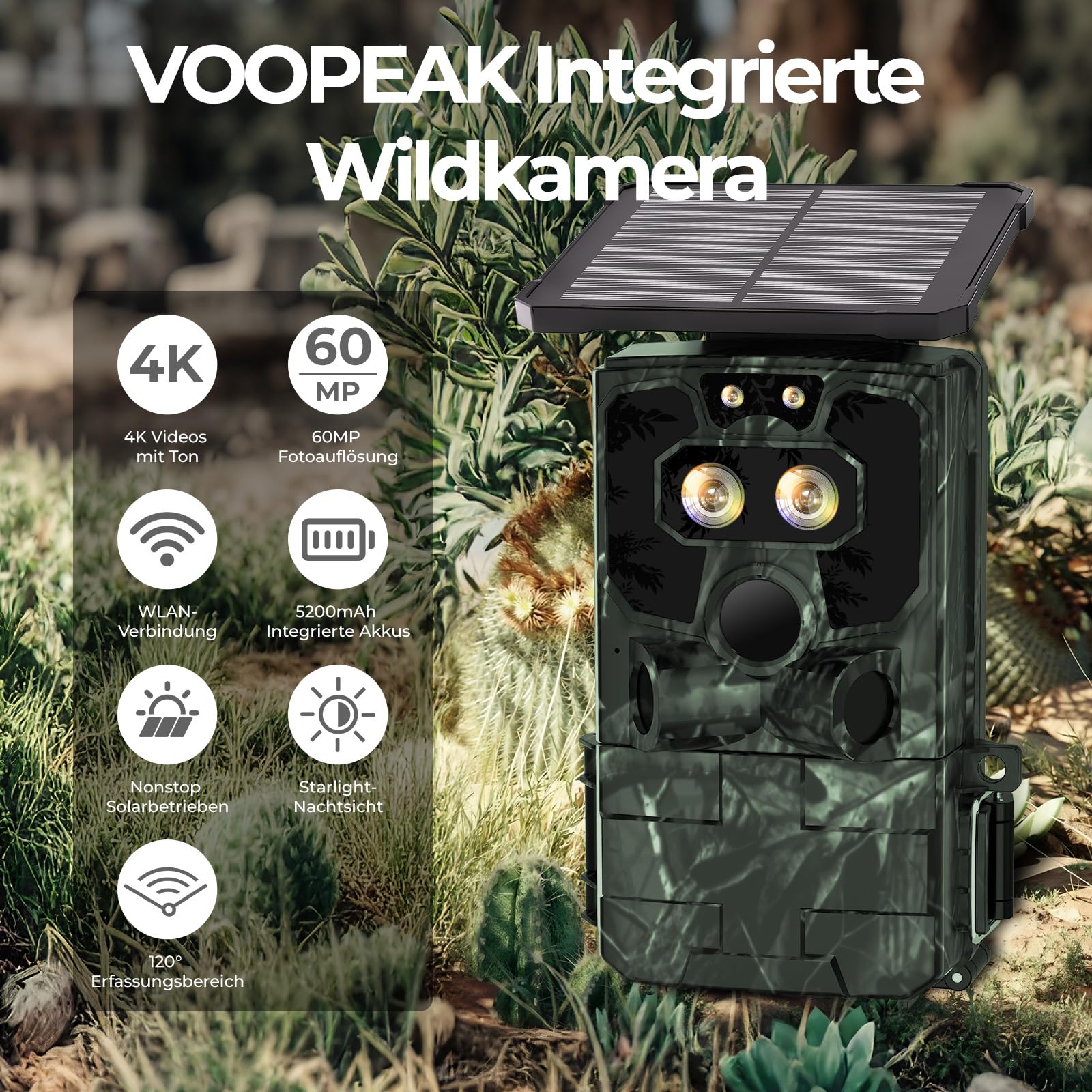 VOOPEAK Duales Objektiv Solar Wildkamera WLAN 4K 60MP, Sternenlicht Nachtsicht Wildkamera mit Handyübertragung APP, Wildtierkamera mit Nachtsicht Bewegungsmelder 0,1S Auslösezeit IP66 Wasserdicht