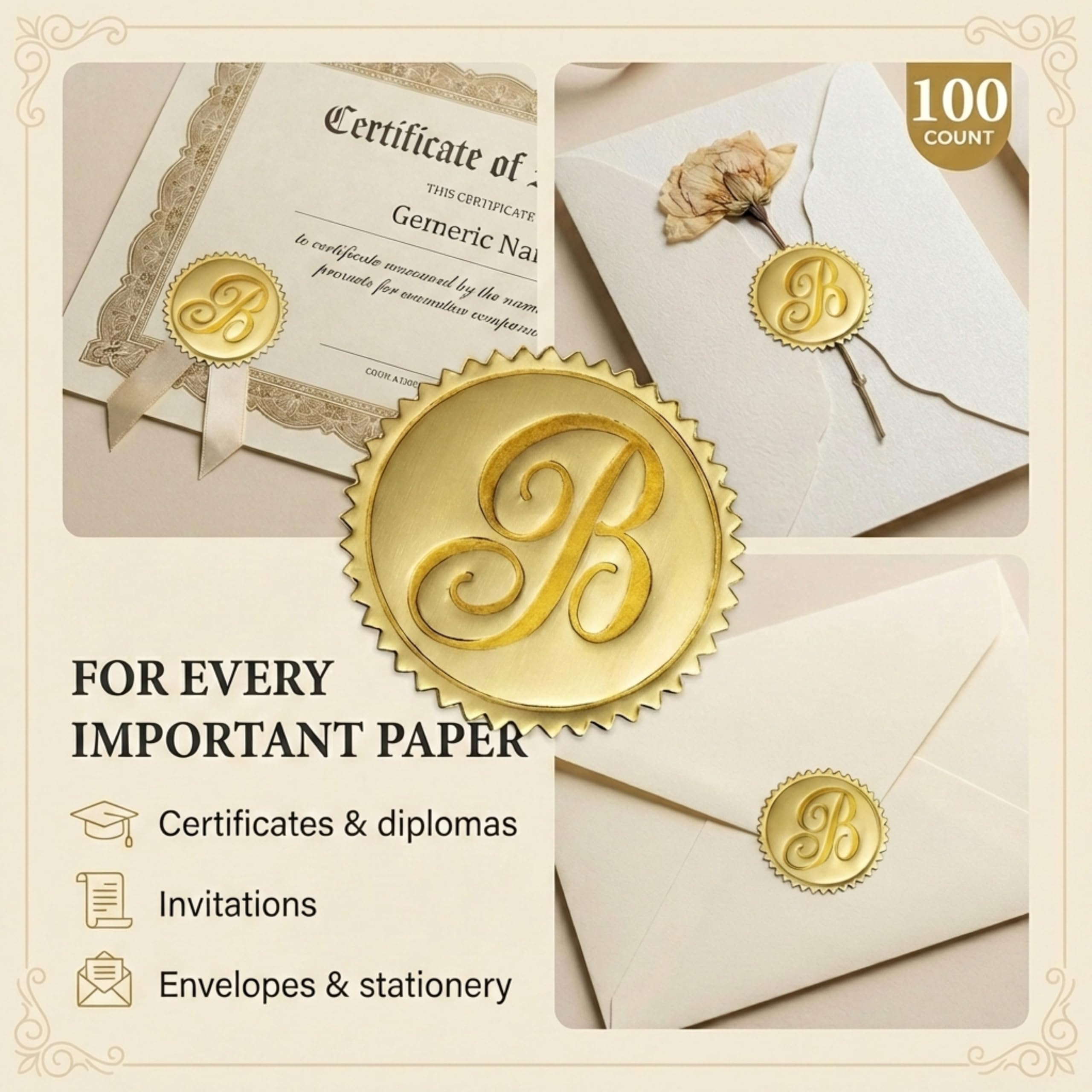 PaperDirect Gold Foil Letter B Monogram Sellos Accesorios sobre - Juego de 102