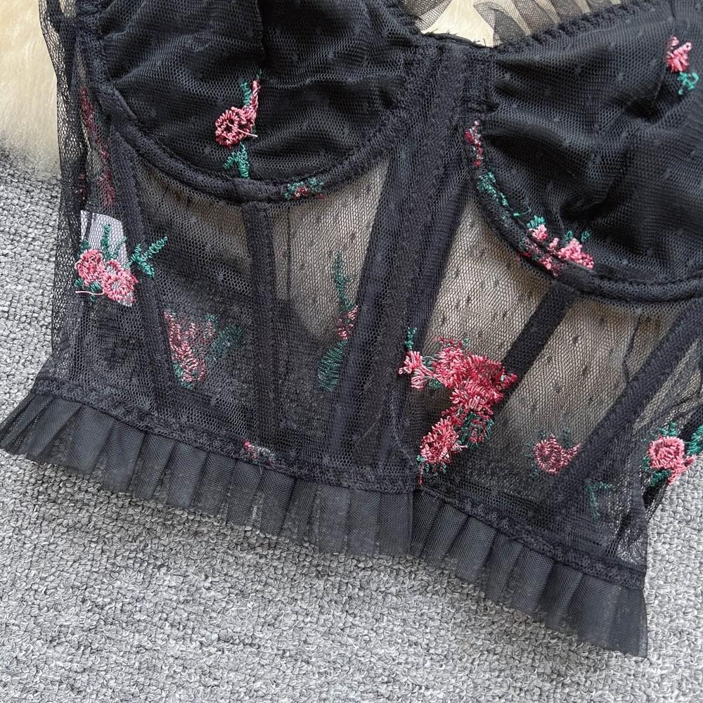 Sexy Black Bustier Top Spaghetti Strap Tank Floral Embroidery Camisole Built in Bra Mesh Women Tops