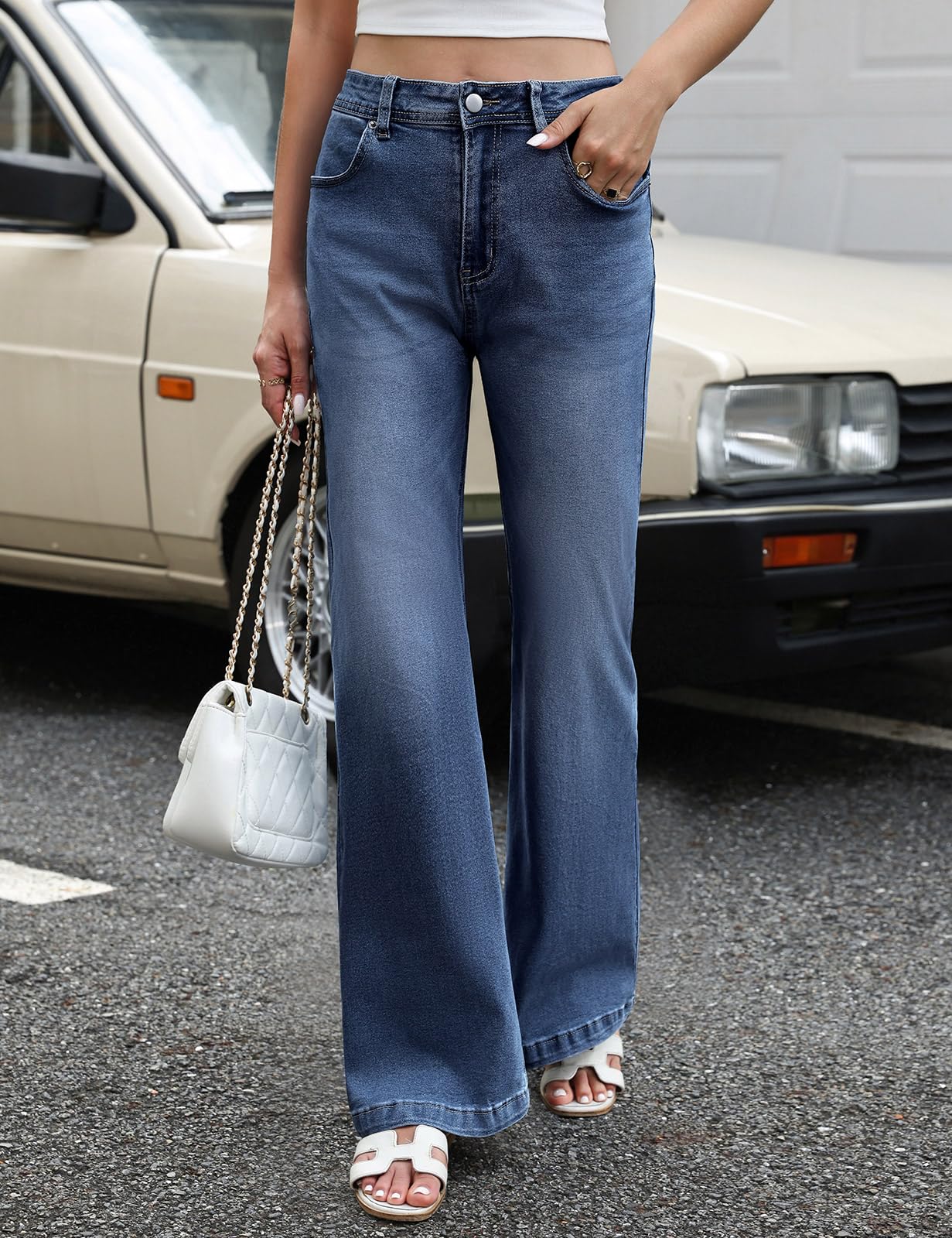 Vaqueros Mujer Elásticos Pantalones de Campana Cintura Alta Jeans Flare Pantalones Bootcut Vaqueros Slim Fit Retro Tallas Grandes con Bolsillos