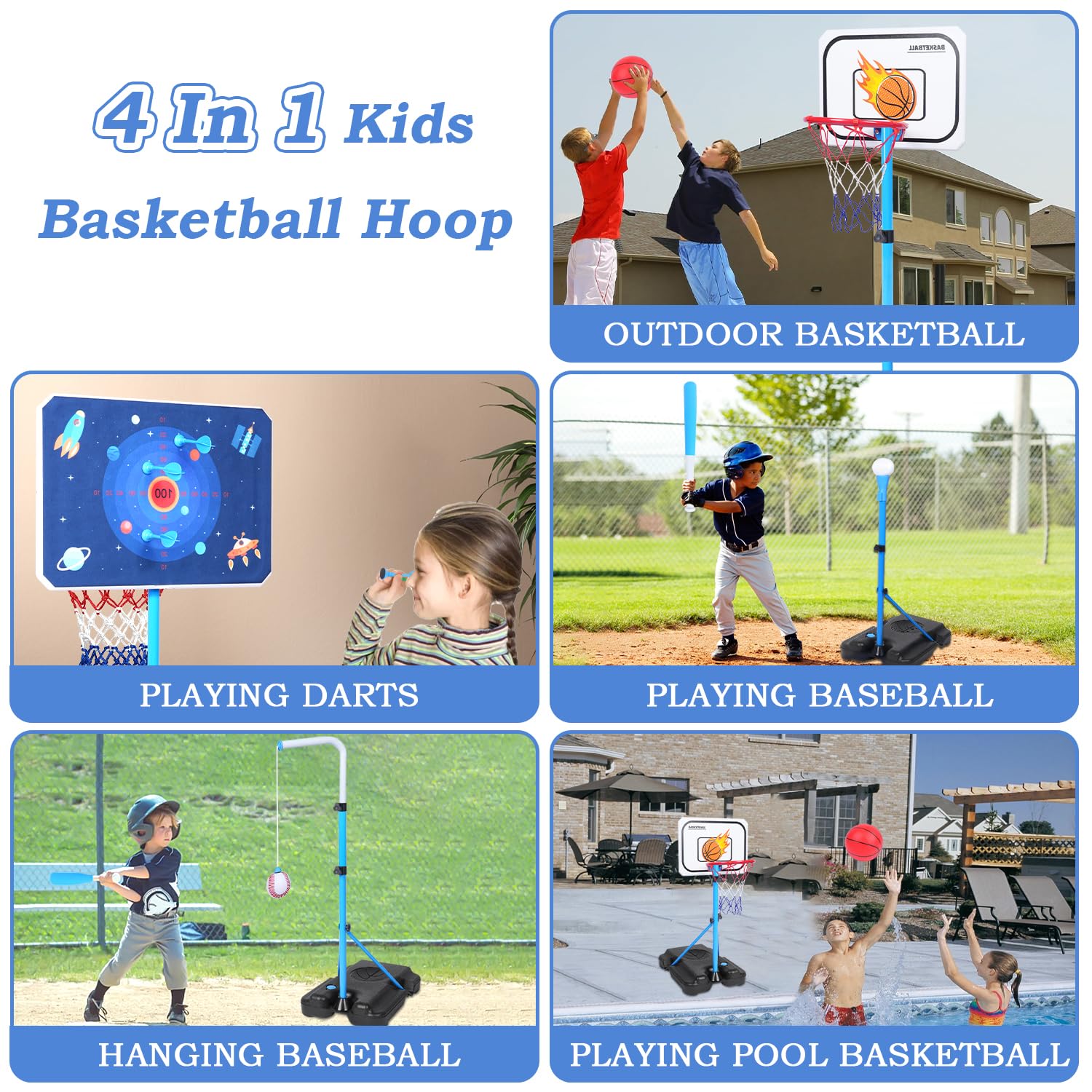 4 in 1 Kids Basketball Hoop, Basketball Hoop for Kids with Dart Board & T Ball Set & Hanging Baseball Pool Basketball Hoop Indoor & Outdoor Toddler Outdoor Toys Birthday Gifts for Boys Girls
