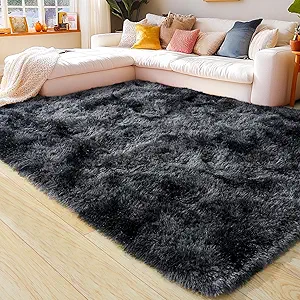KING DARE Area Rug for Bedroom Tie-Dyed Black Gray Rugs, 5x7 Fluffy Soft Shaggy Plush Fuzzy Furry Floor Carpet Washable Non-Slip Modern Rugs for Living Room Dorm Girls Boys Room Aesthetic Decor