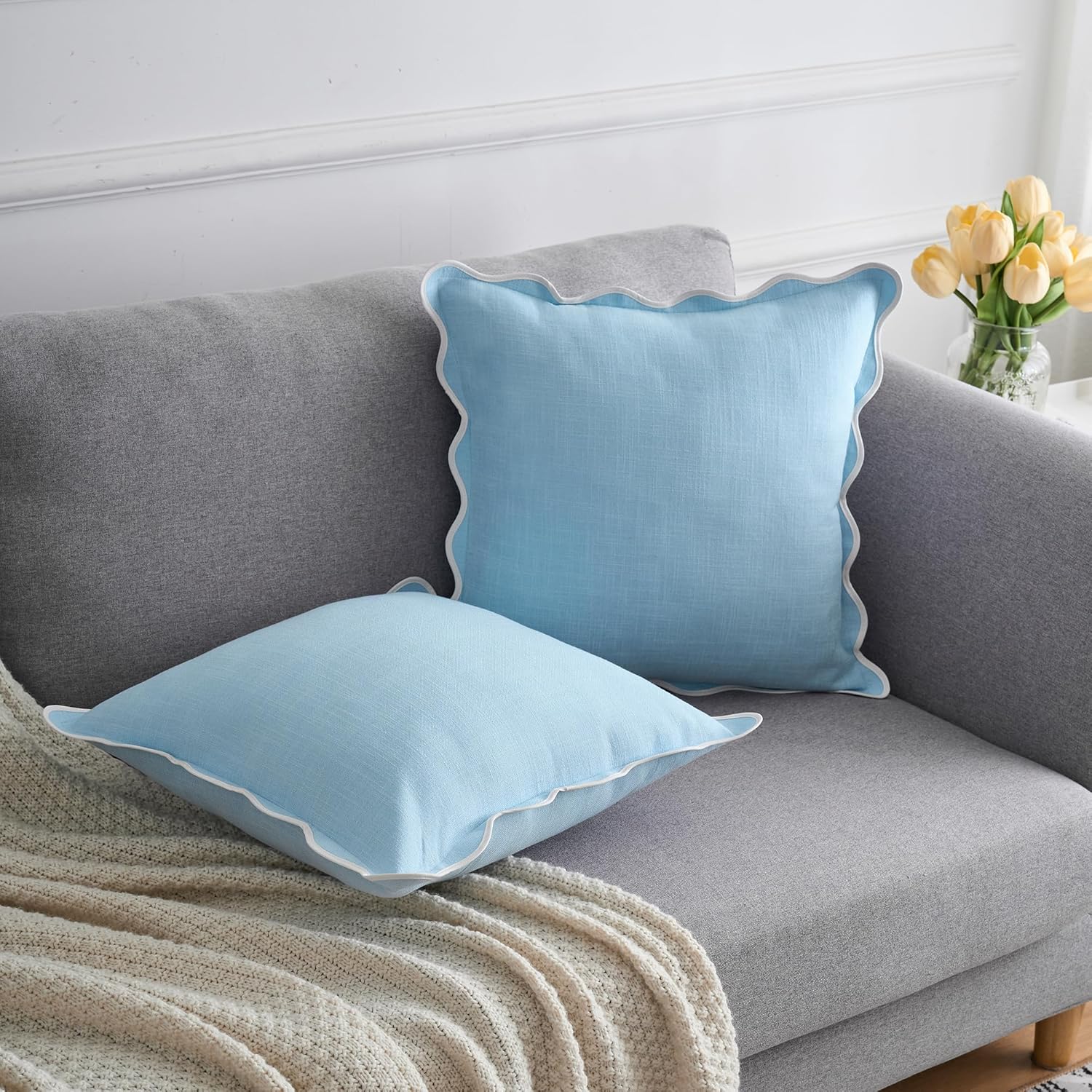 Scalloped Throw Pillow Covers 18x18 Inch Set of 2, Soft Cotton & Cozy Linen, Boho Sytle Decorative Couch Bed for Living Room (Blue Pillow & White Edge) Blue 18" x 18" (Pack of 2)