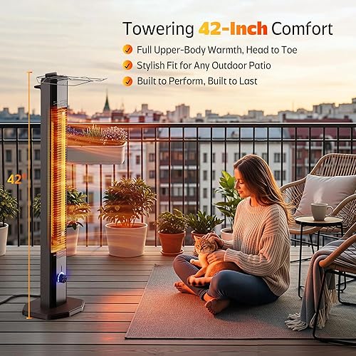 Miniatura 2 de Calentador eléctrico para patio al aire libre, calentador de torre infrarrojo de 42 pulgadas de 1500 W con 9 ajustes de calor y temporizador de 9